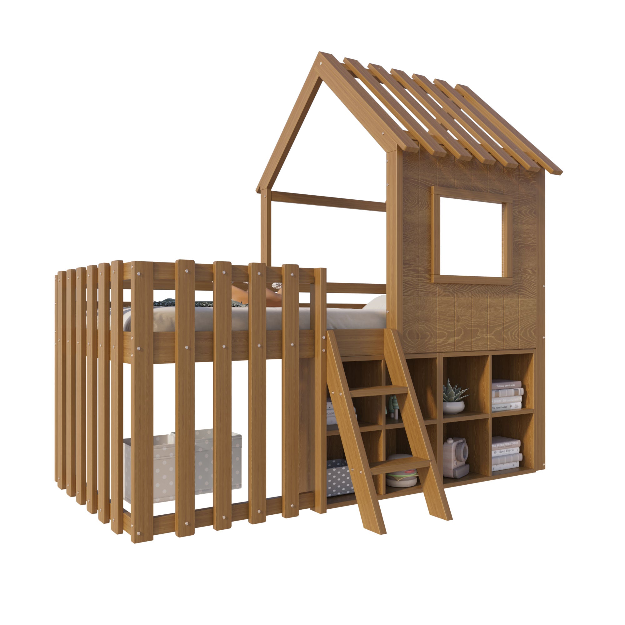 Children's House Bed 90x200 with Roof, Window, Storage & Ladder, Solid Wood
