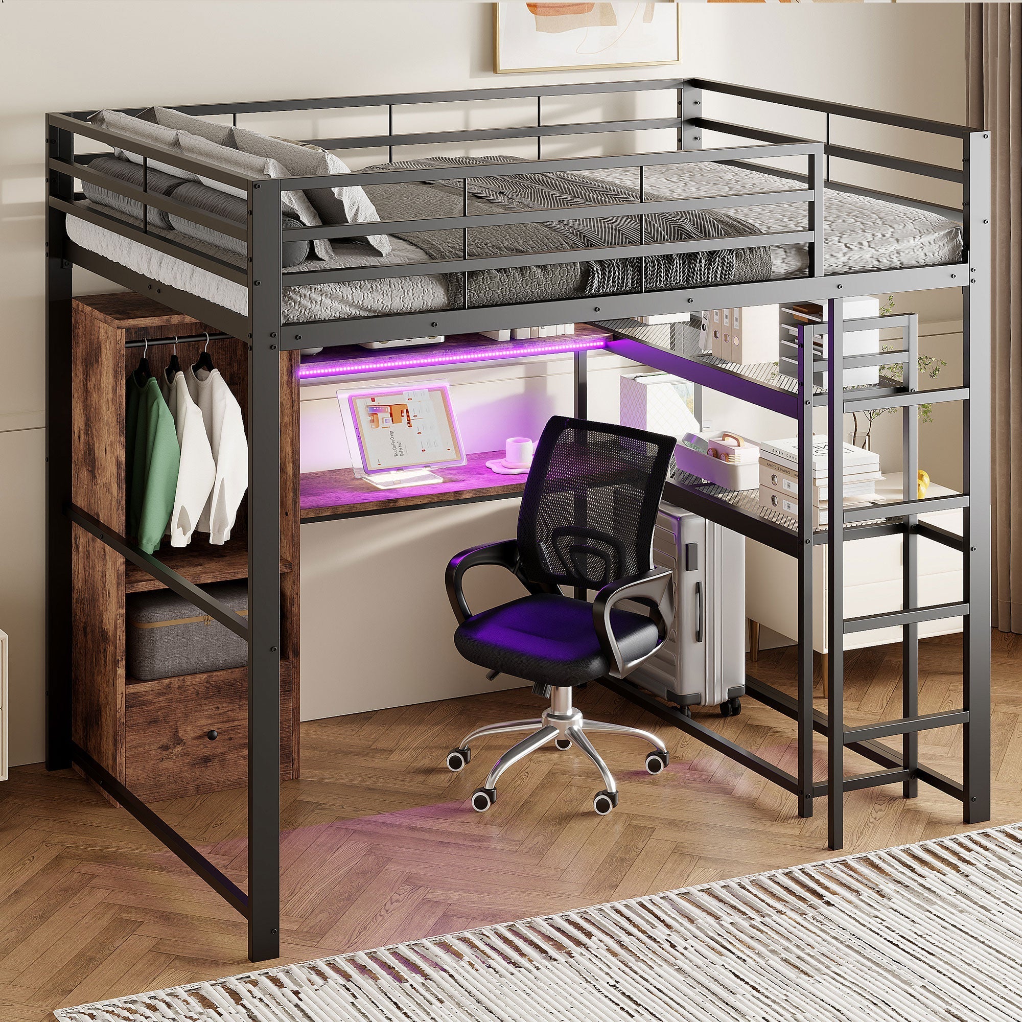 Loft Bed 140x200cm Metal LED Desk Drawer Shelves Stairs - Black