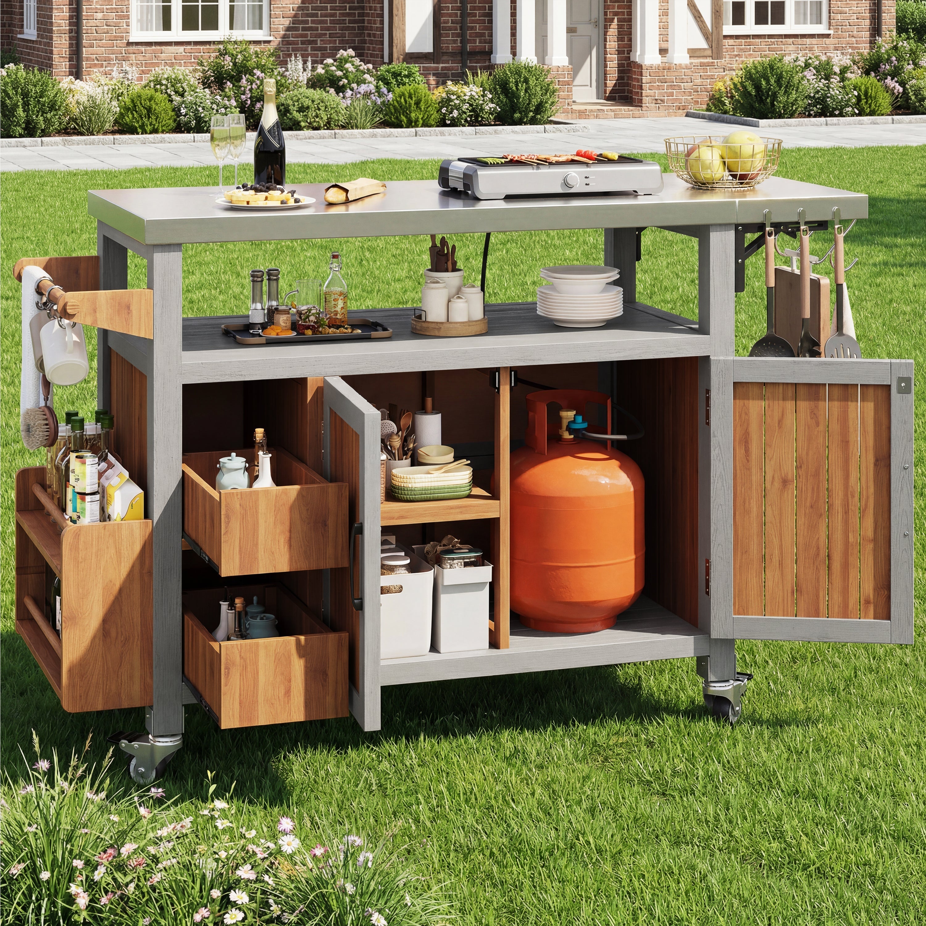 BBQ Side Table with Stainless Steel Worktop and Pull-out Shelf, Solid Wood