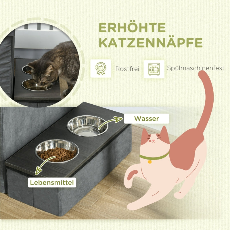 Cat House with 3 Pet Stairs & 2 Food Bowls, Grey