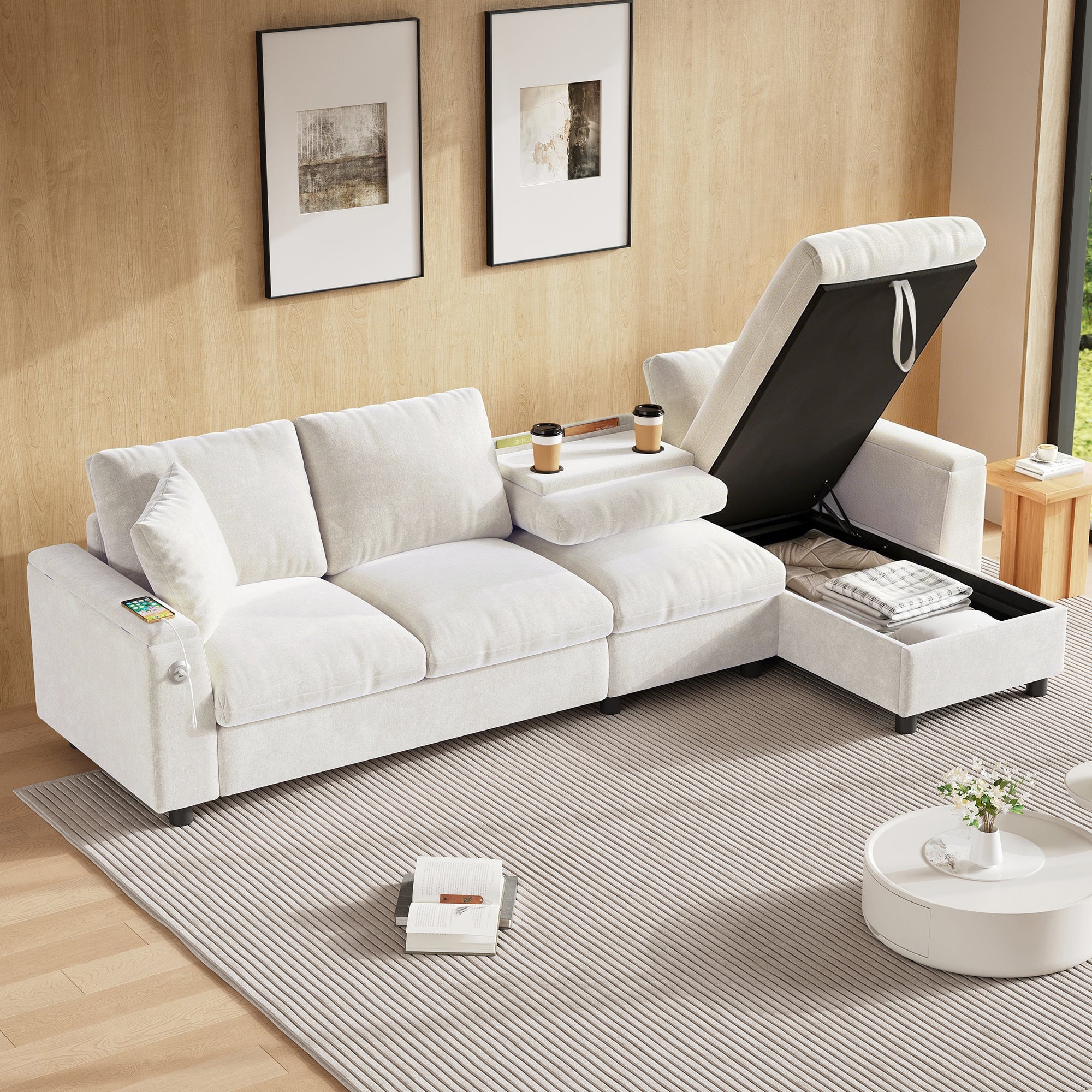 Chenille L-Shape Sofa Reversible Storage Armrests Fold-Out Table USB/Type-C - Beige