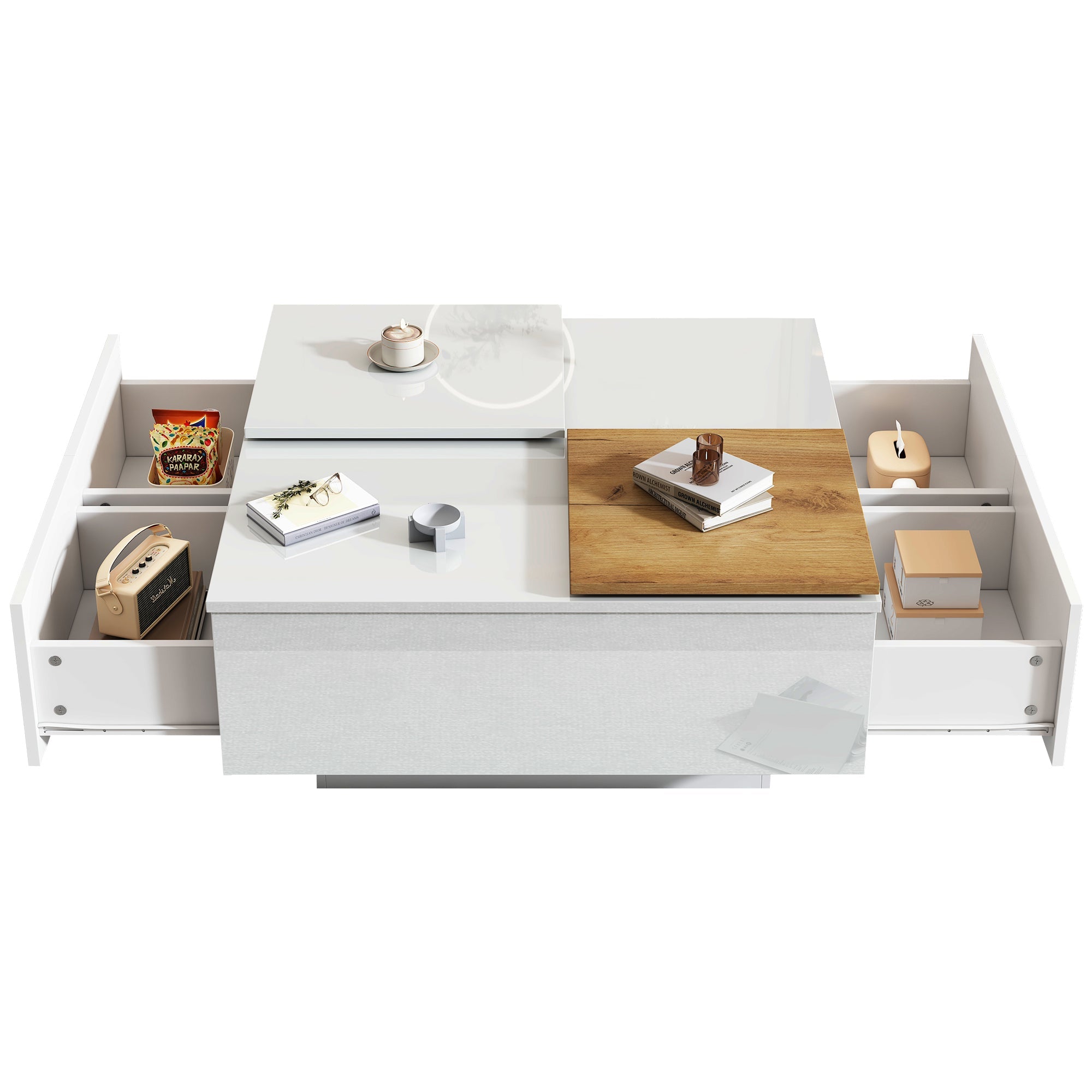 Coffee Table, Square with Storage & Sliding Tabletop, High-Gloss White Wood