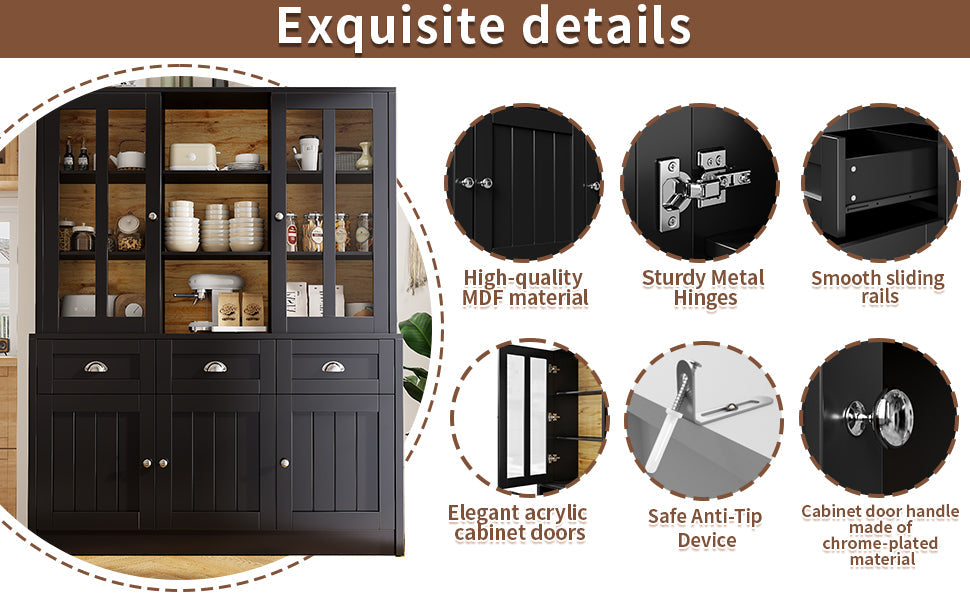 Minimalist Tall Display Cabinet with Drawers and Storage, Black
