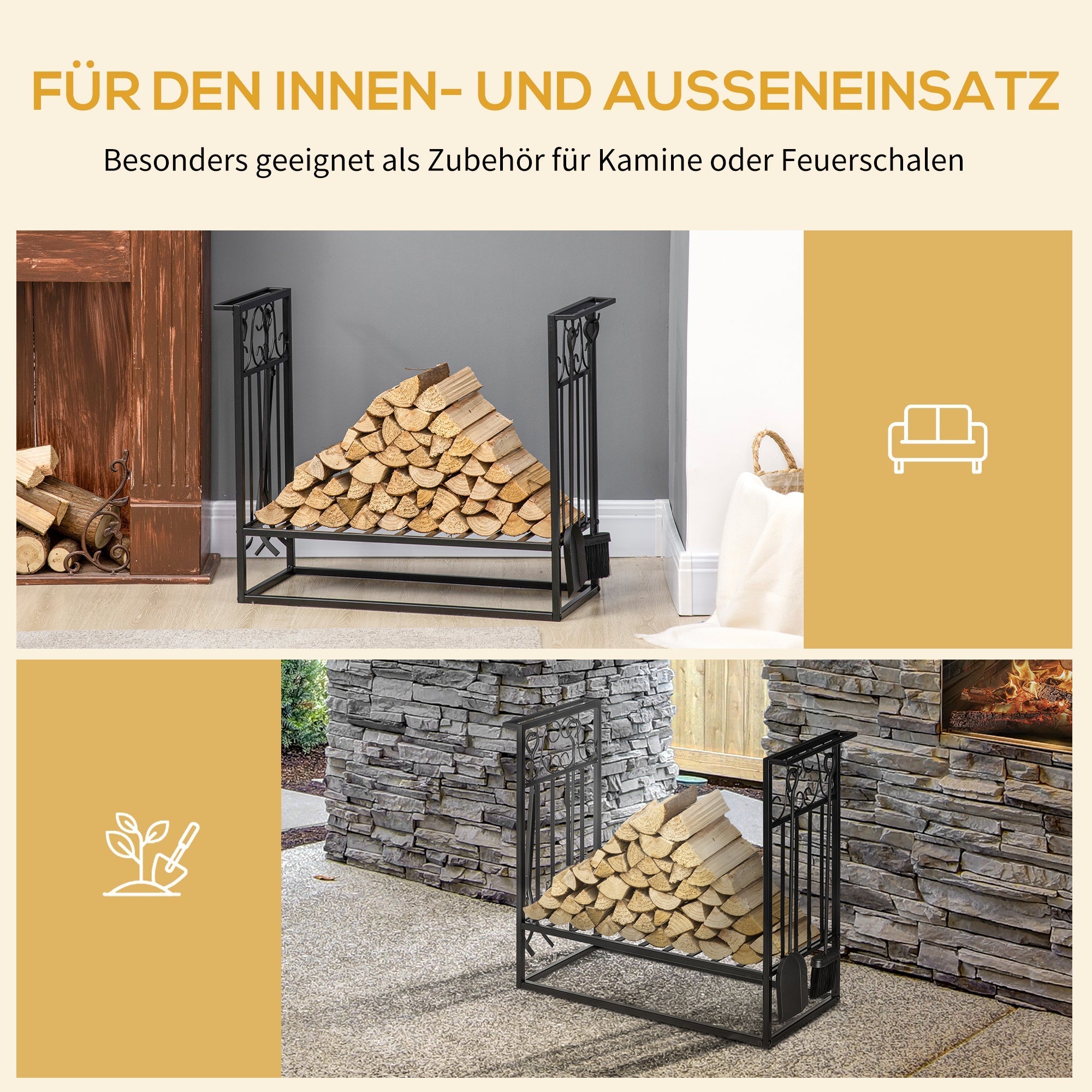 Firewood Rack with Fireplace Tools, 75 x 30 x 60 cm, Black Steel