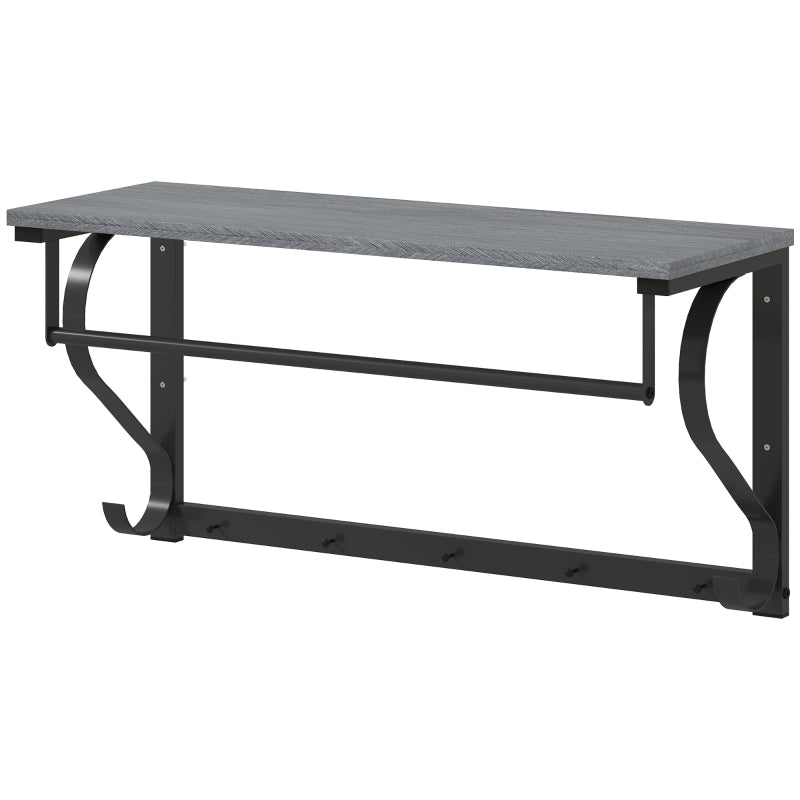 Wall-Mounted Clothes Rack, 5 Hooks with Top Compartment, Grey