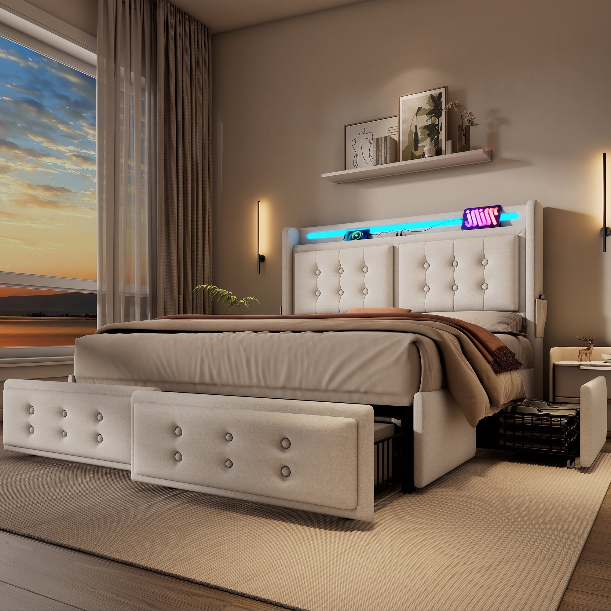 Upholstered Bed 160x200, Double with LED Headboard, USB-C Charging & 4 Drawers, Beige Cotton