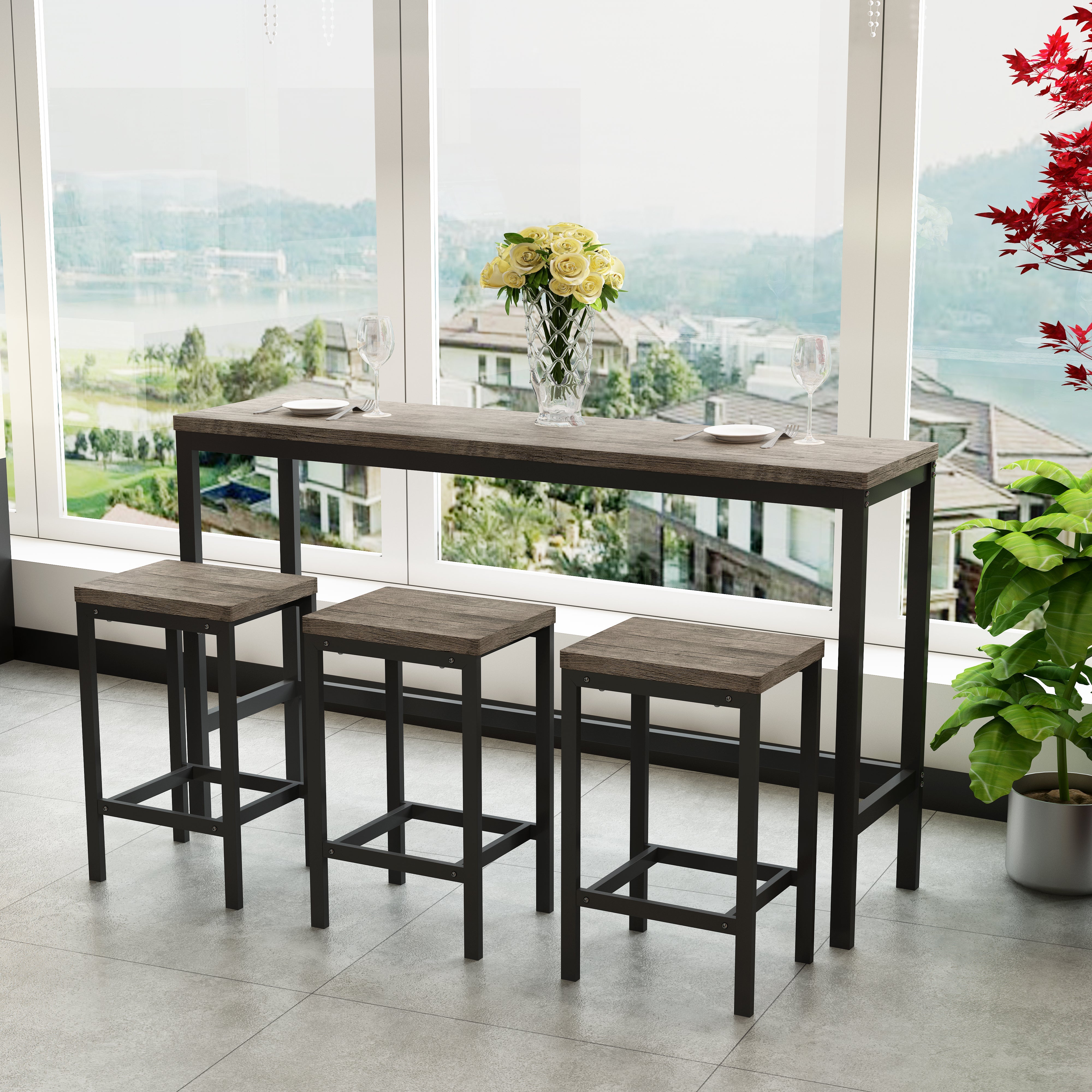 148CM Dining Table Set with 3 Stools, Modern Design, Brown Gray