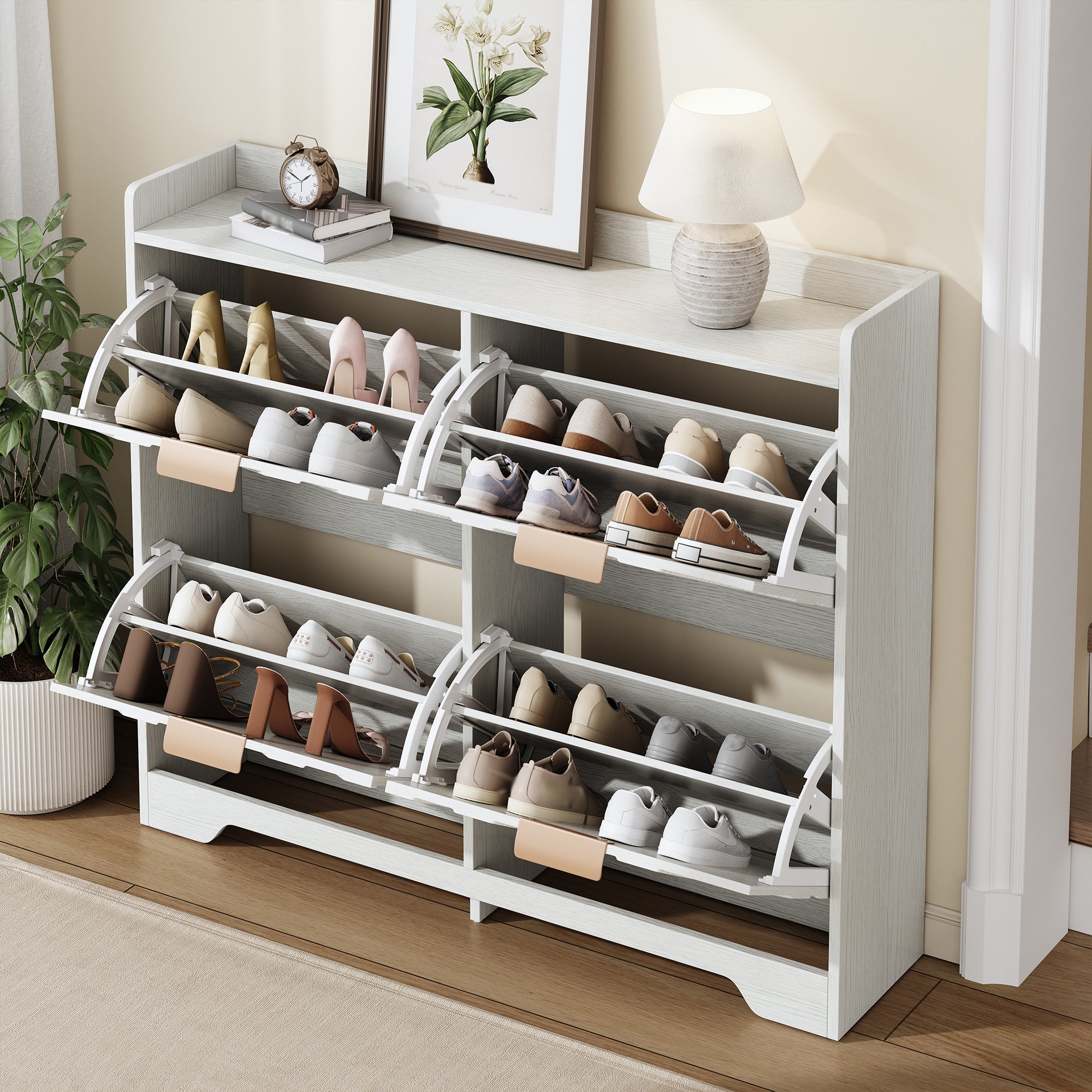 Shoe Cabinet with 4 Flip Drawers, 3D Textured Front and Top Shelf, White Particle Board