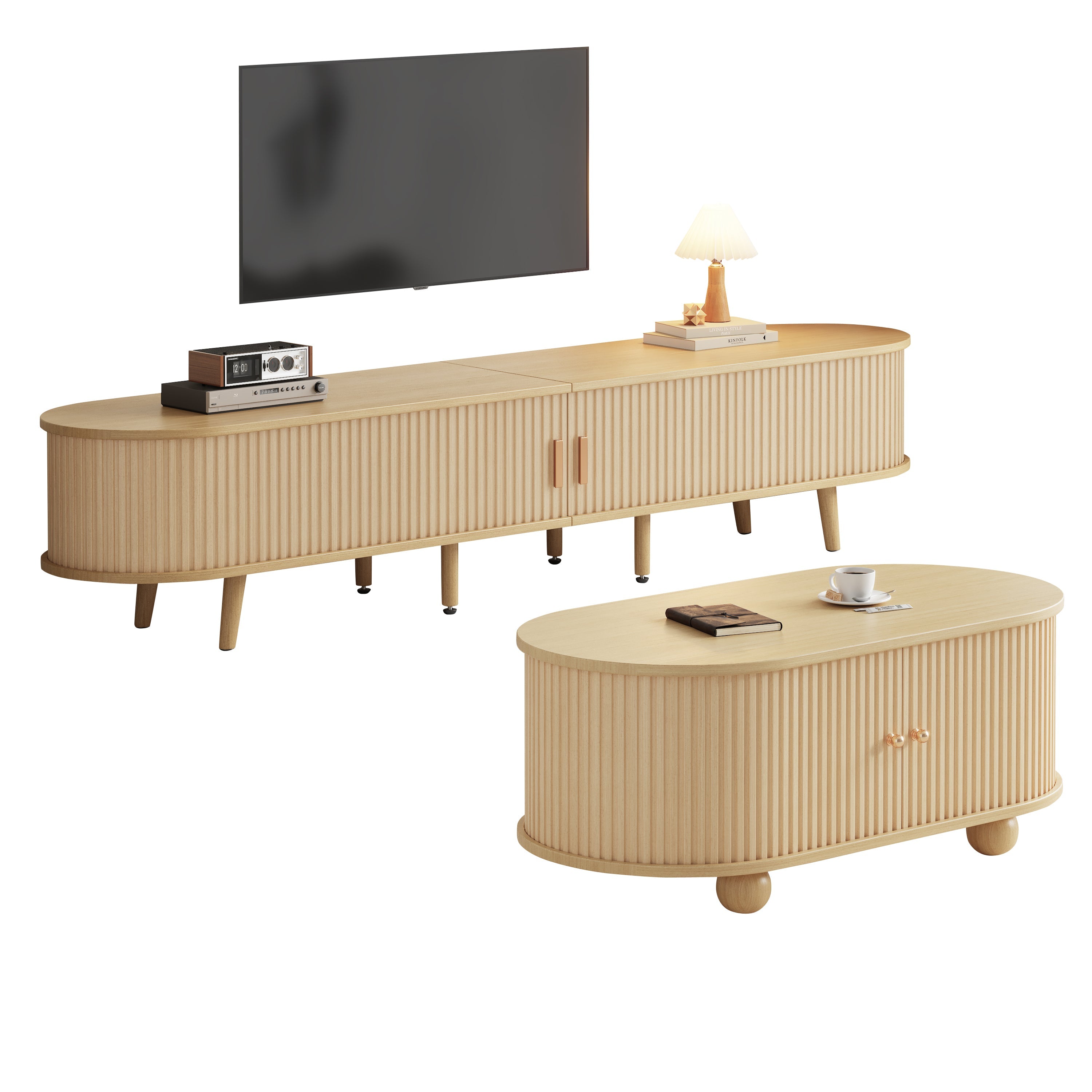 TV Cabinet & Coffee Table Set, Oval Combination Storage, Original Wood Color MDF