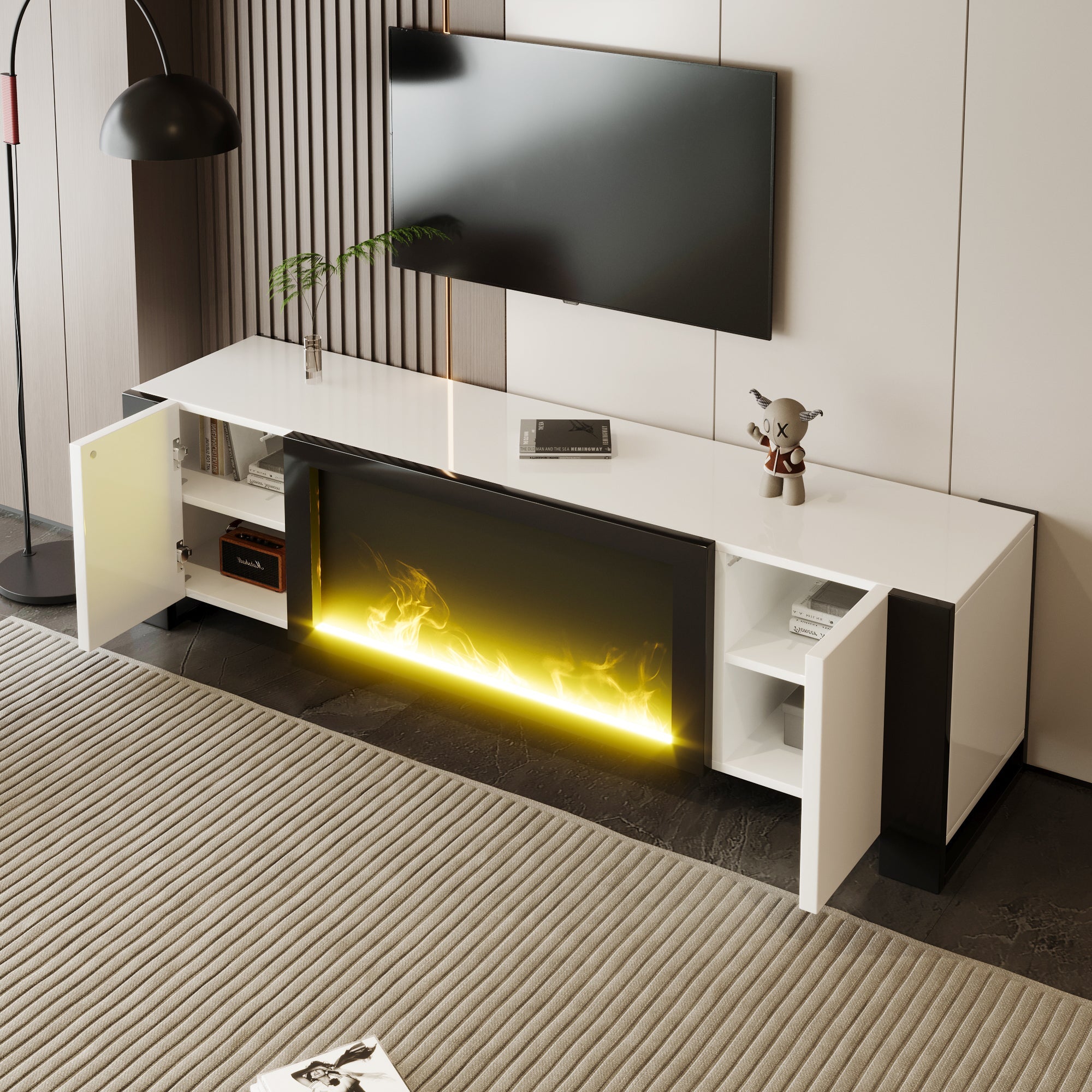 TV Cabinet, Lowboard Electric Fireplace High Gloss, White and Black
