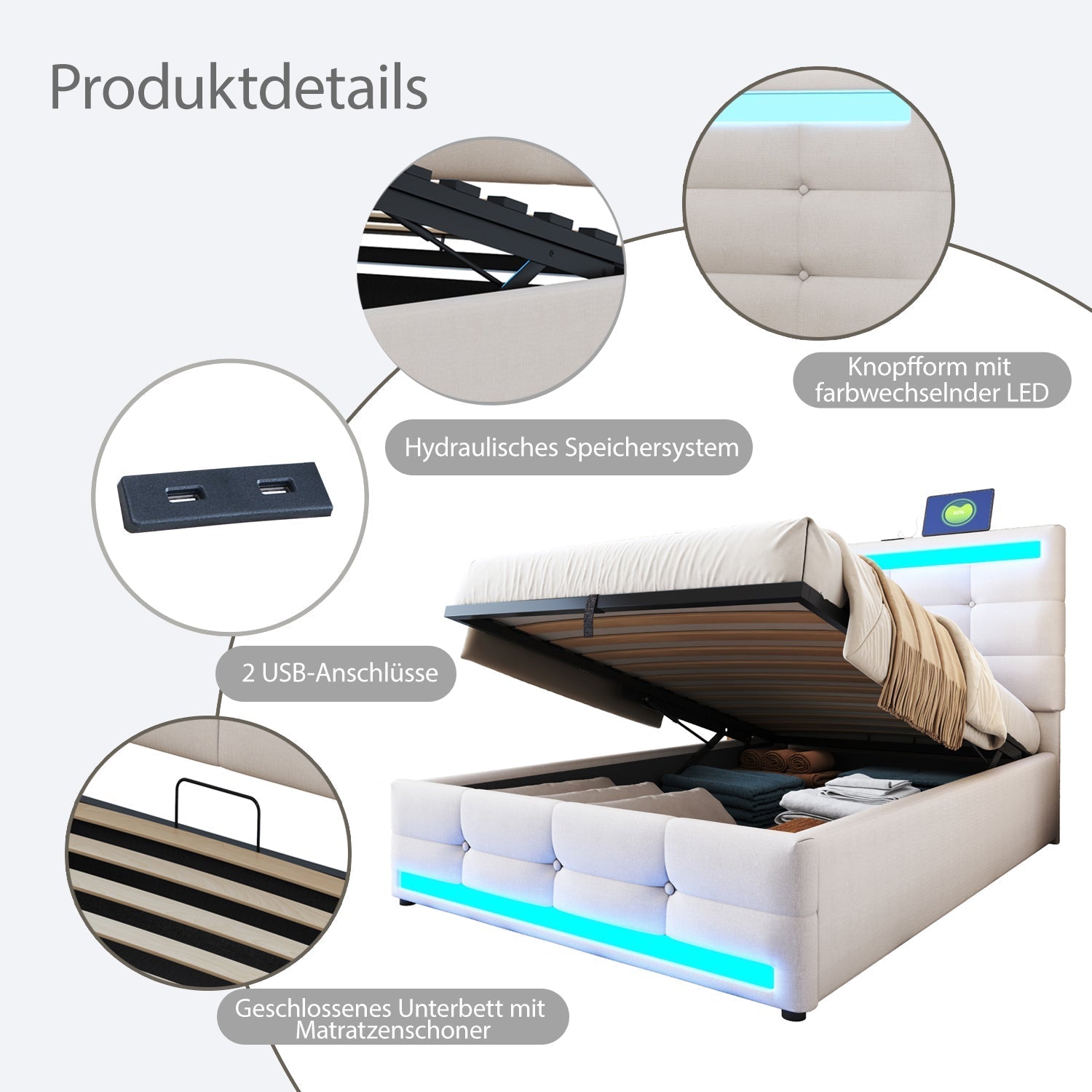 Upholstered Bed 90x200 Hydraulic Storage USB LED Light Strip, Beige Linen