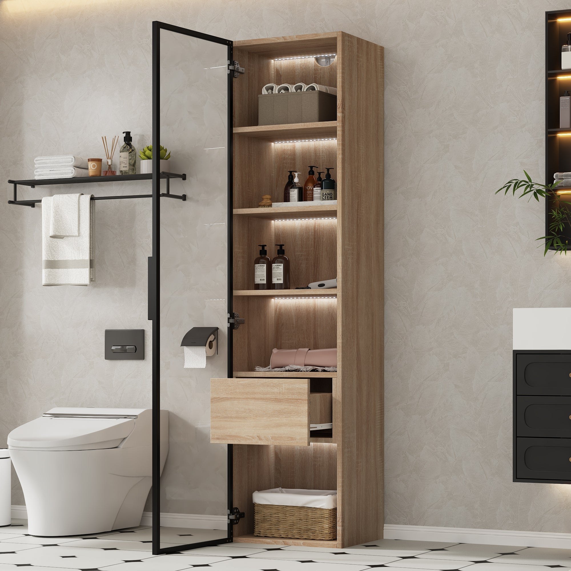 Bathroom Cabinet, Medium 40cm Light Strip 1 Drawer 1 Glass Door