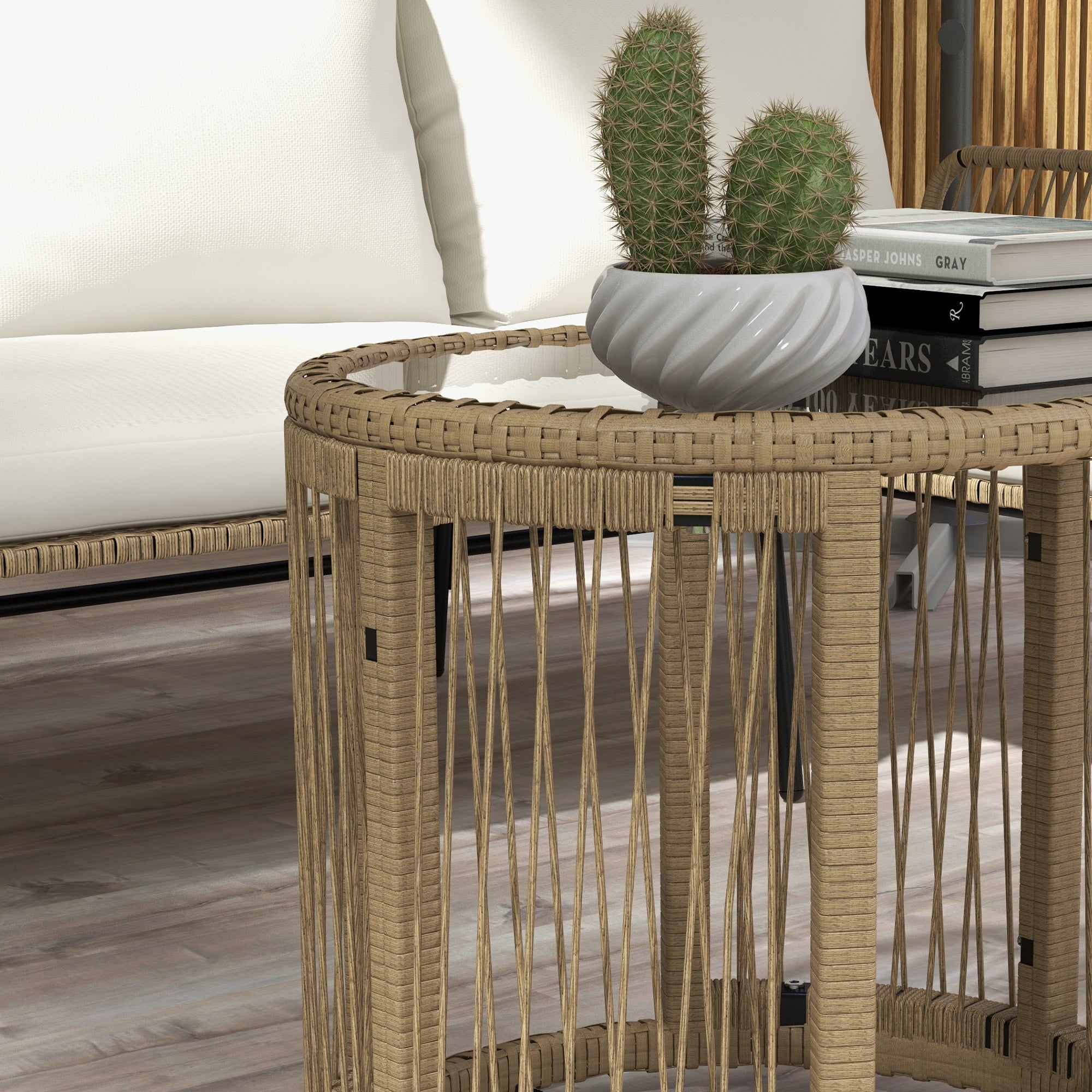 Rattan Garden Furniture Set with Sun Lounger, Coffee Table, Loveseat & Cushions, Cream