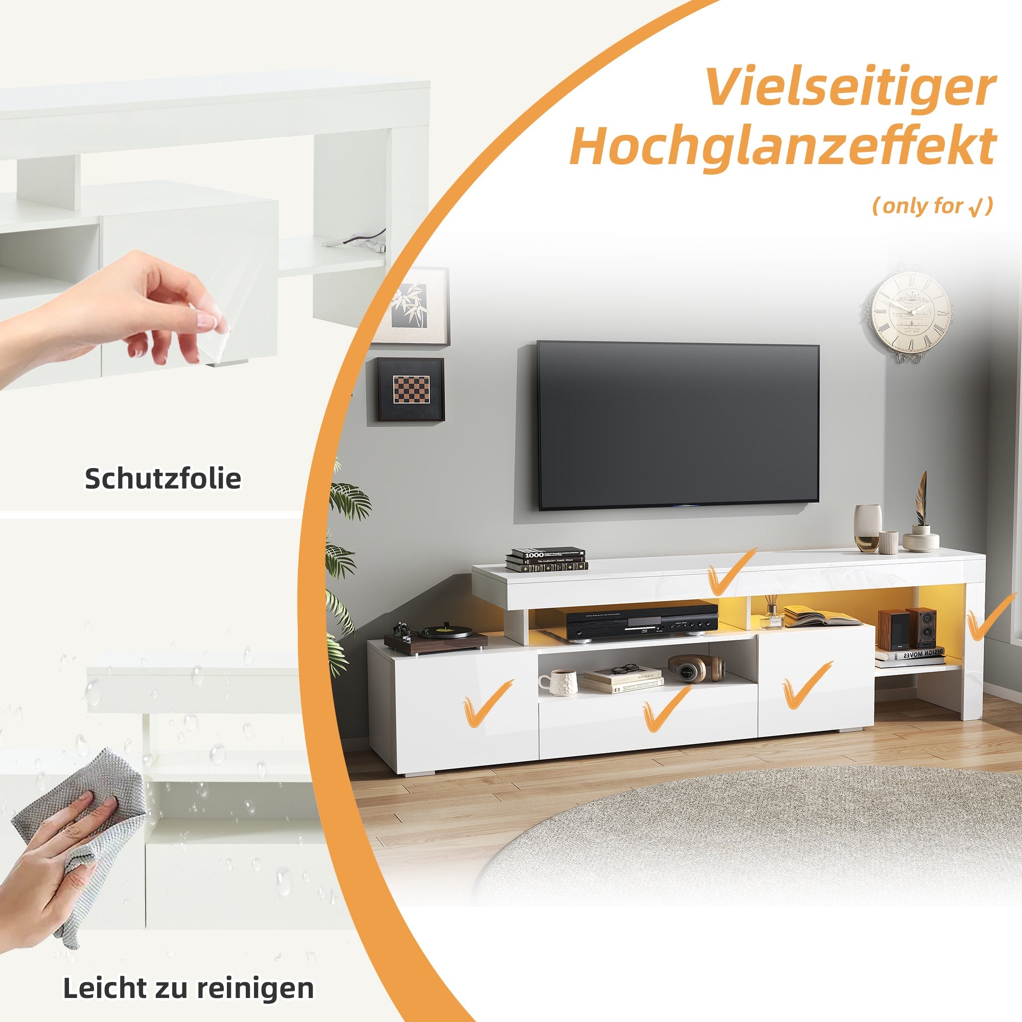 TV Cabinet, 192x37x53cm with 3 Cabinets, LED High-Gloss, White