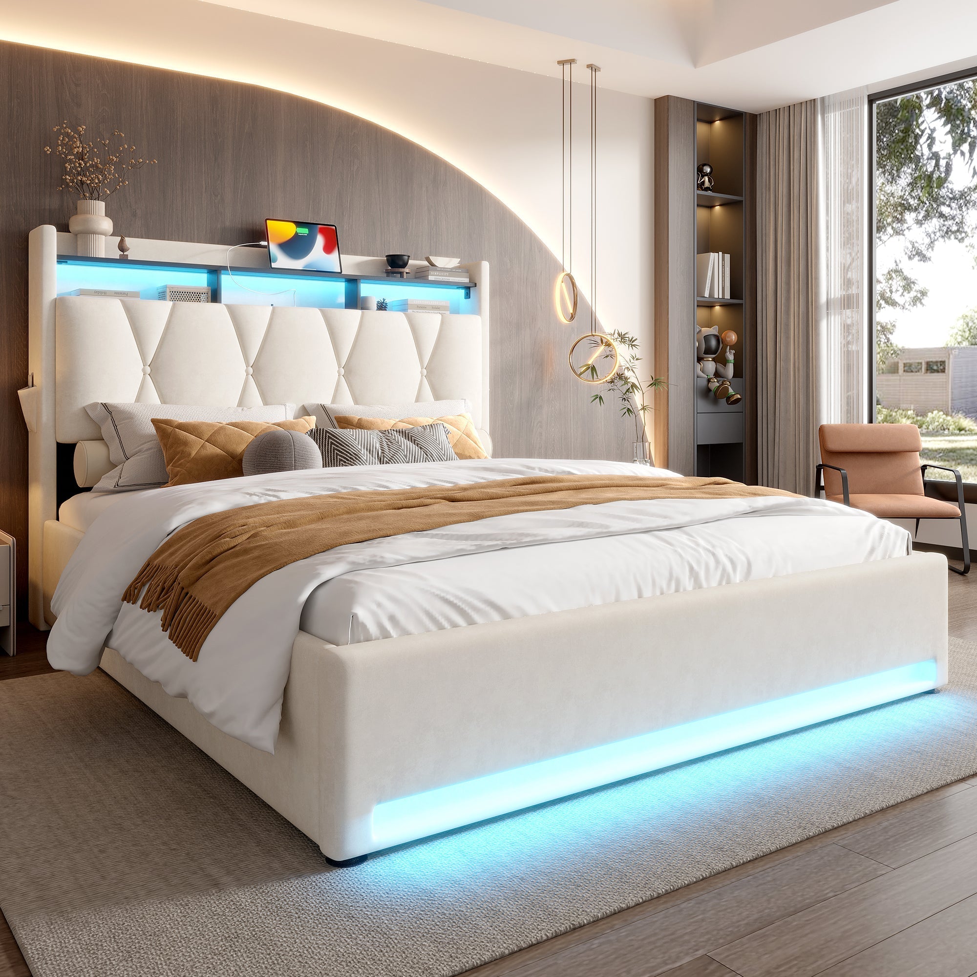 Upholstered Bed Frame, LED Lighting, USB-C Charging, Storage, Beige