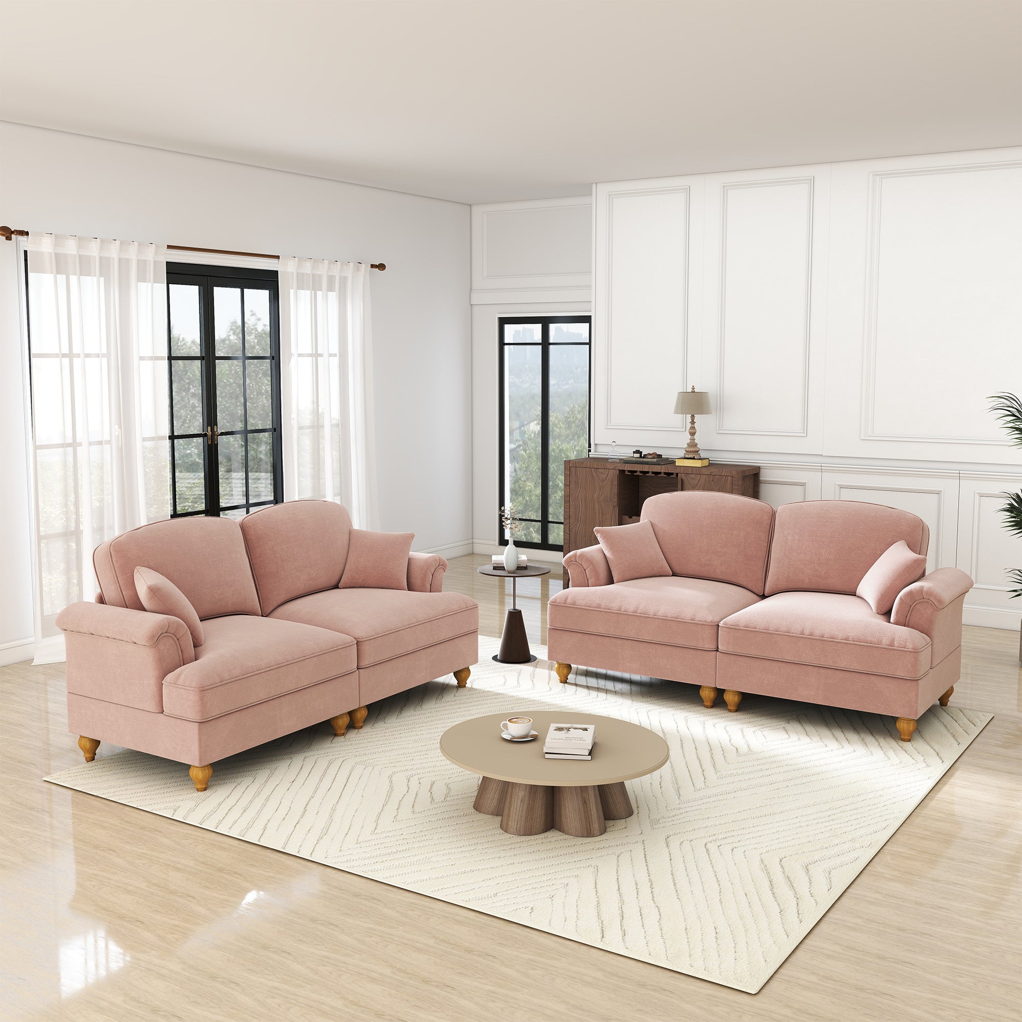 L-Shaped 2-Seater Sofa Mid-Century Movable Ottoman Chenille - Pink