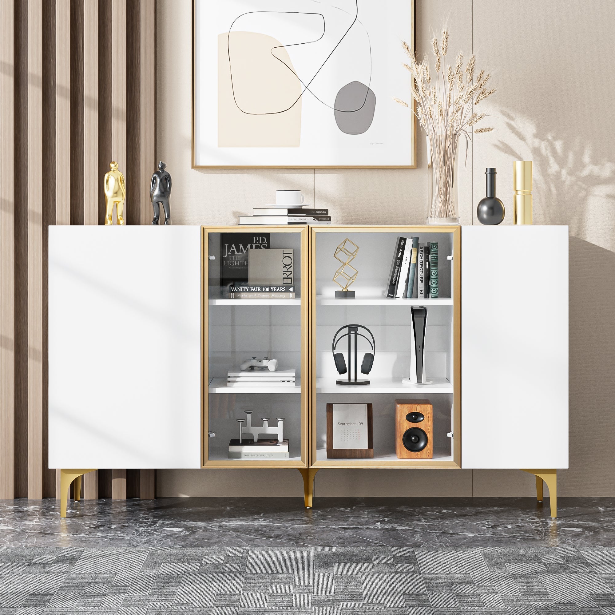 Sideboard, 4-Door with Glass & Metal, Handleless, White