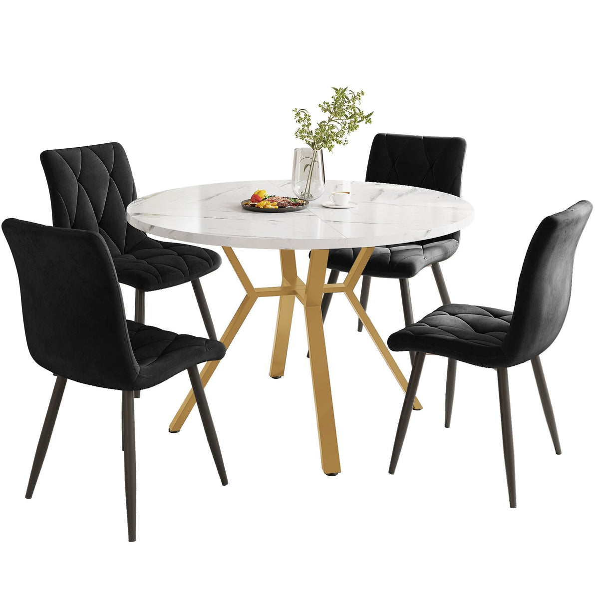 Dining Set 5-Piece Round Marble Table & 4 Velvet Chairs Gold Legs - Black