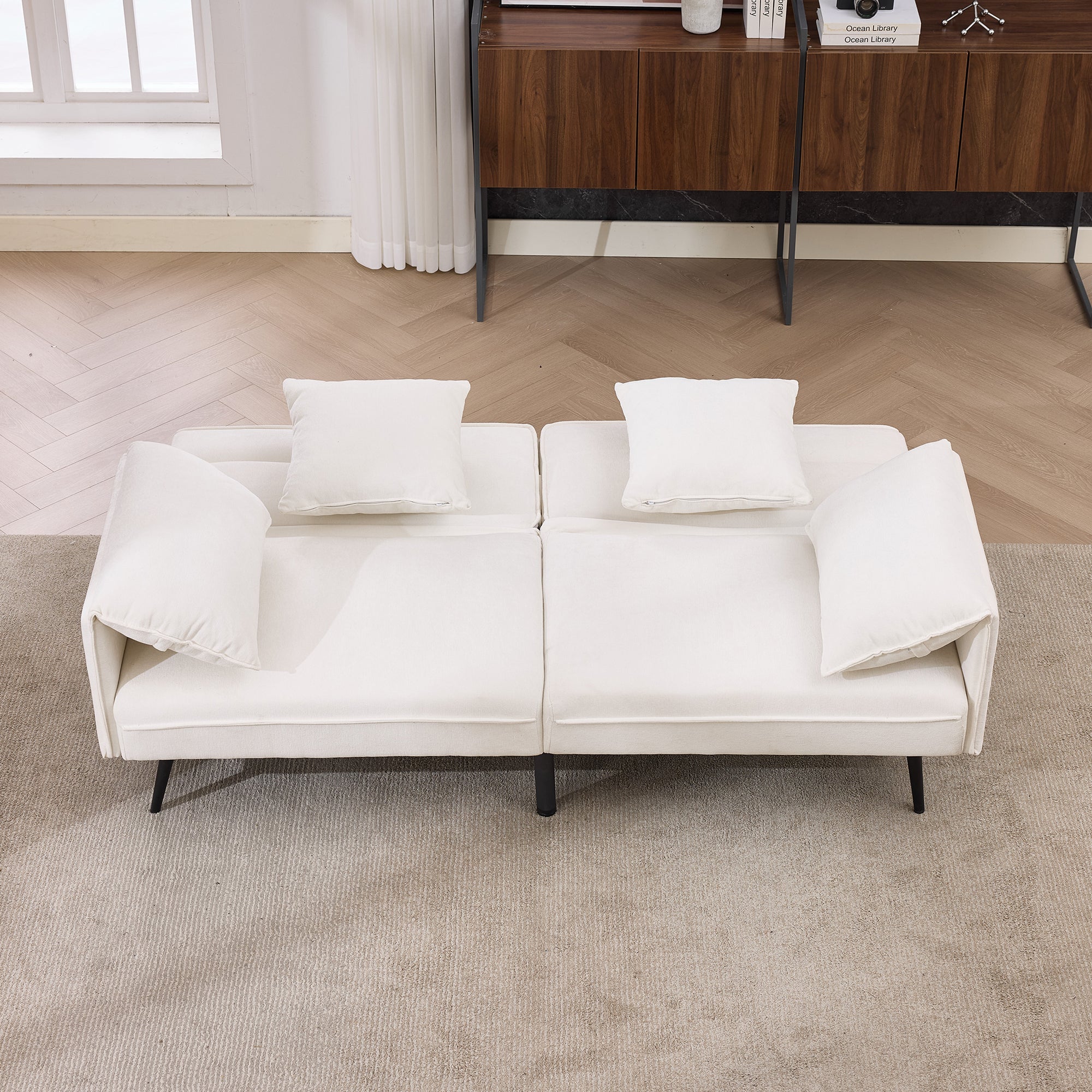 2-Seater Sleeper Sofa with 3-Position Adjustable Backrest, White