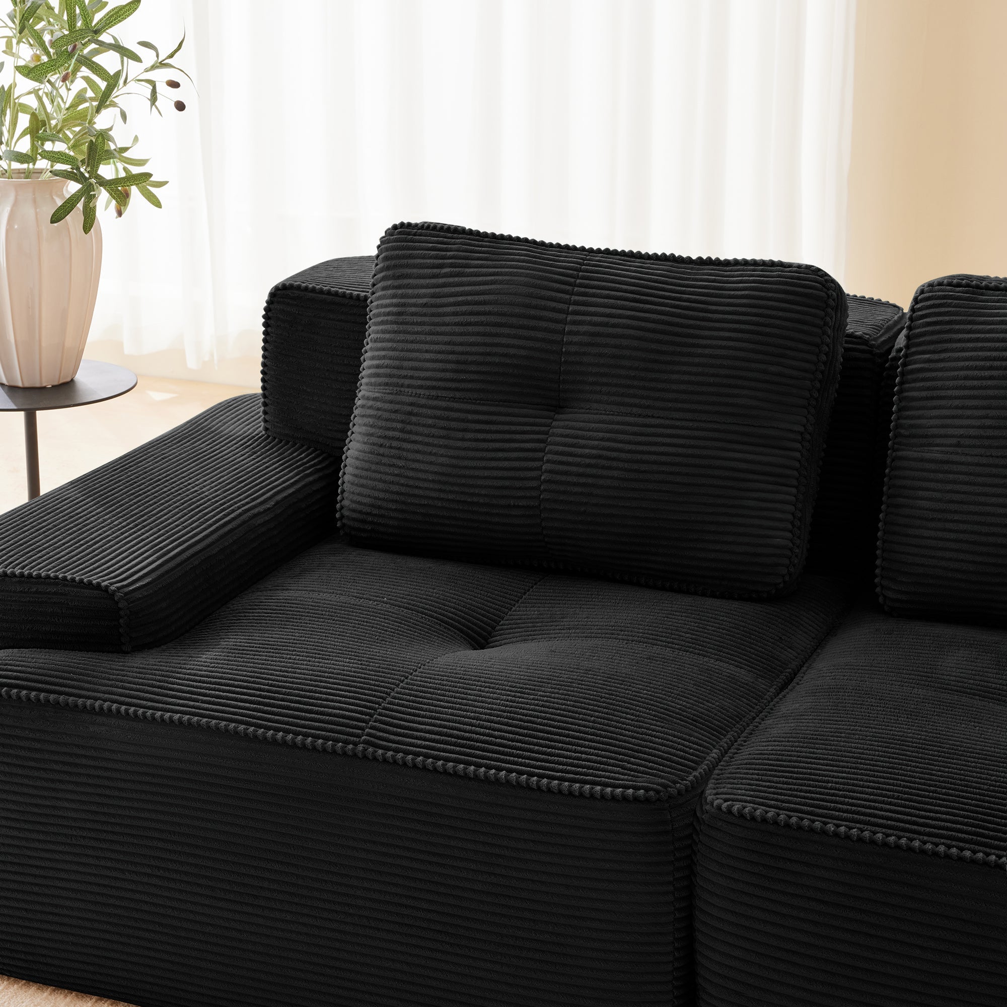 Boneless Modular Sofa L-Shaped Chaise 4-Seater Deep-Seat - Corduroy Black