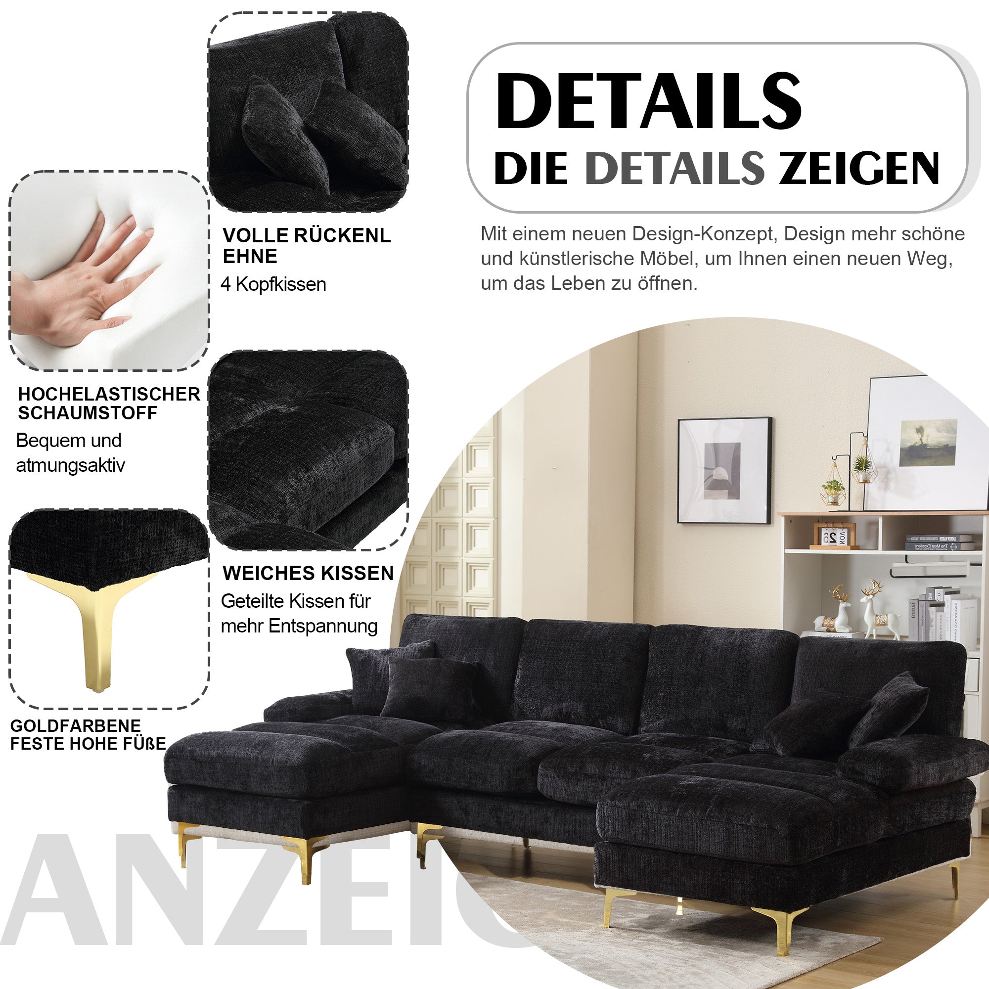 Modern Large U-Shape Sectional Sofa Double Reclining Seats, Chenille Fabric