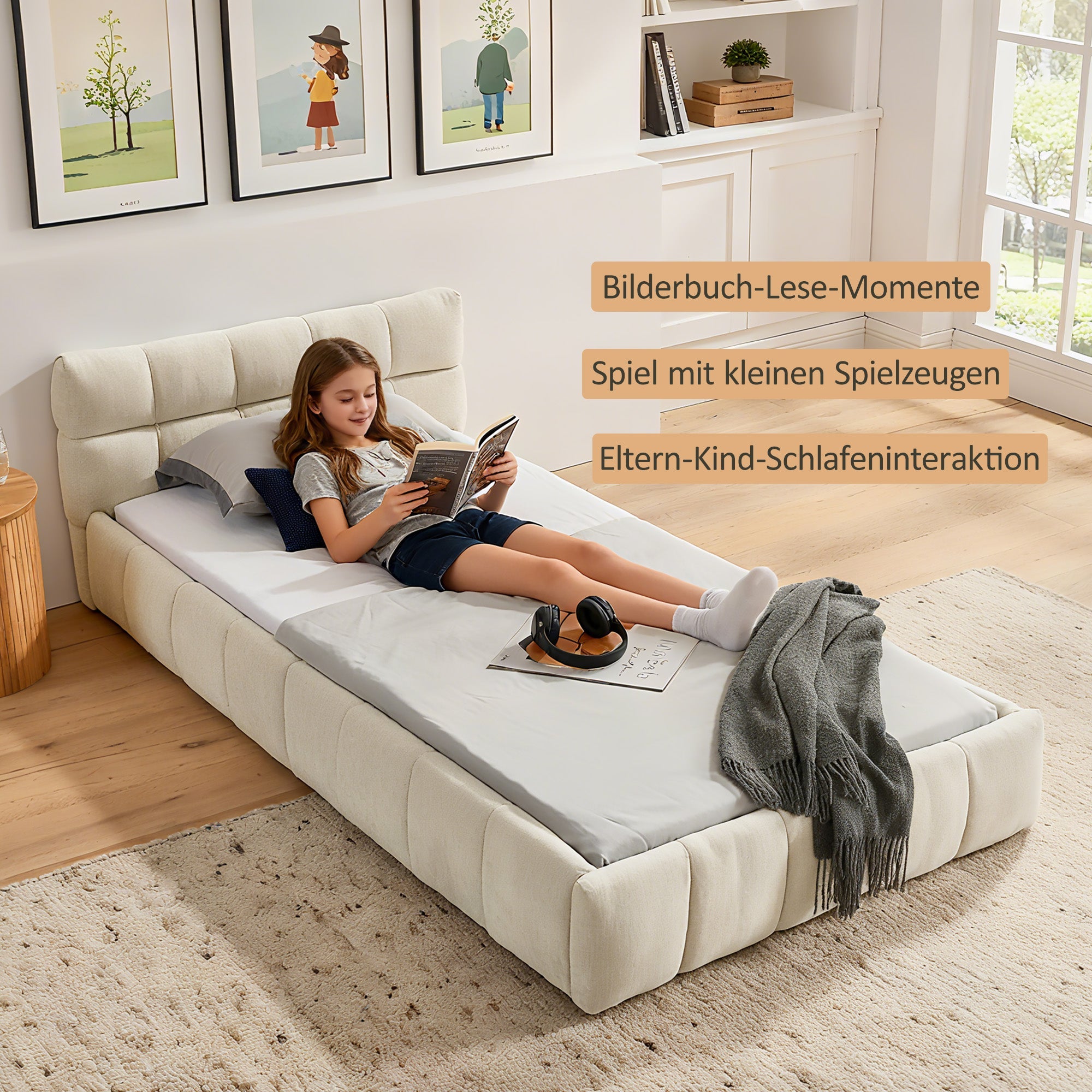 Single Bed 90x200cm Eucalyptus Wood Frame, Chenille Beige