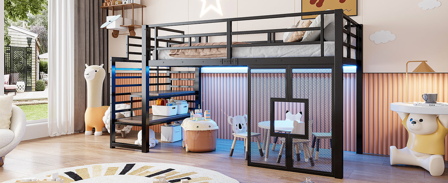 Metal Loft Bed with Stairs, Storage, LED Lighting and Windows, 90x200 cm, Black