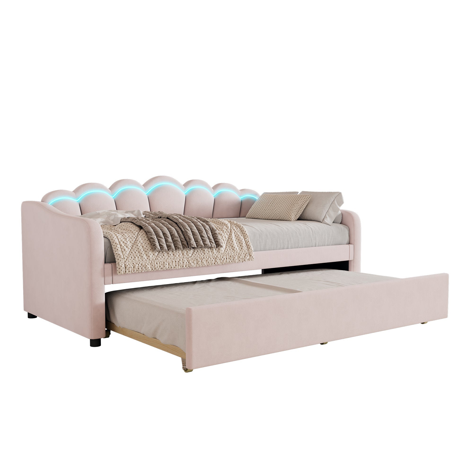 Daybed Sofa Bed 90x200cm Pull-out Bed Ambient Light Remote Control - Velvet Pink