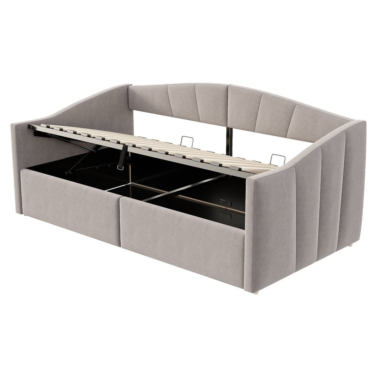 Upholstered Sofa Bed 90x200cm Hydraulic Storage Multifunctional Striped with Armrests Velvet Light Grey