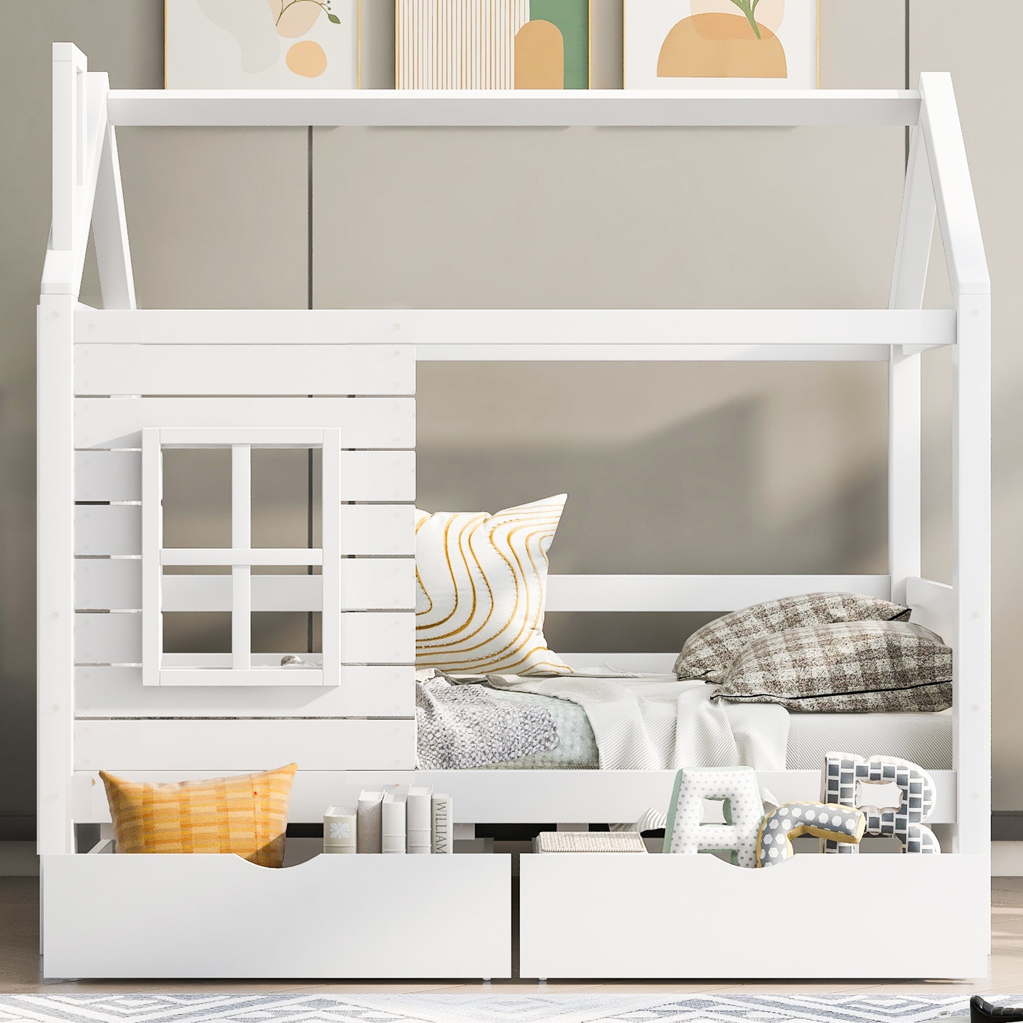 House Bed with Fall Protection, Window and Slatted Base, 80x160cm, White Solid Wood