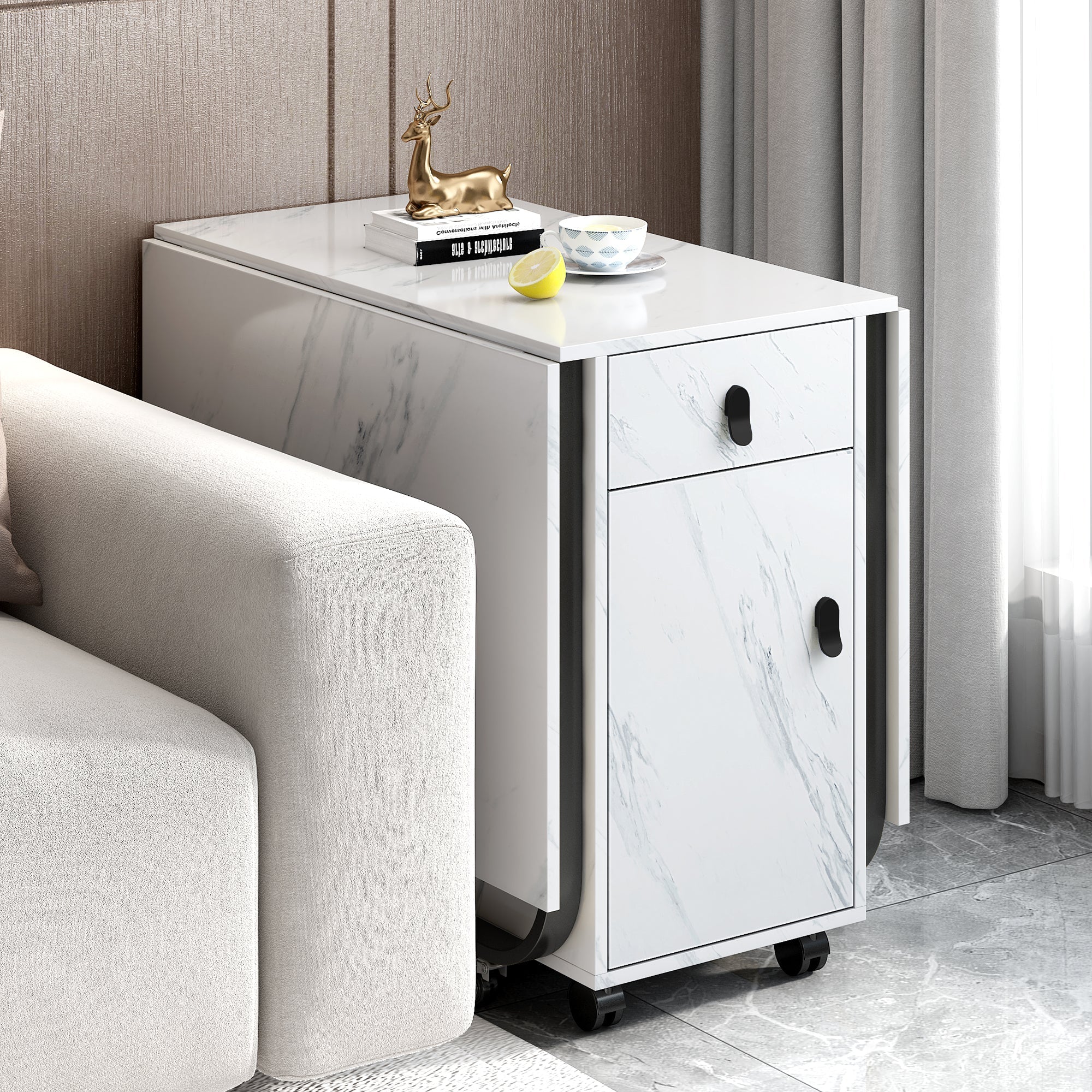 Folding Dining Table, Space-Saving with Cabinet and 2 Drawers, White/Black