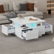 Coffee Table 70x70x40cm High-Gloss LED Light 4 Drawers Geometric Design, White