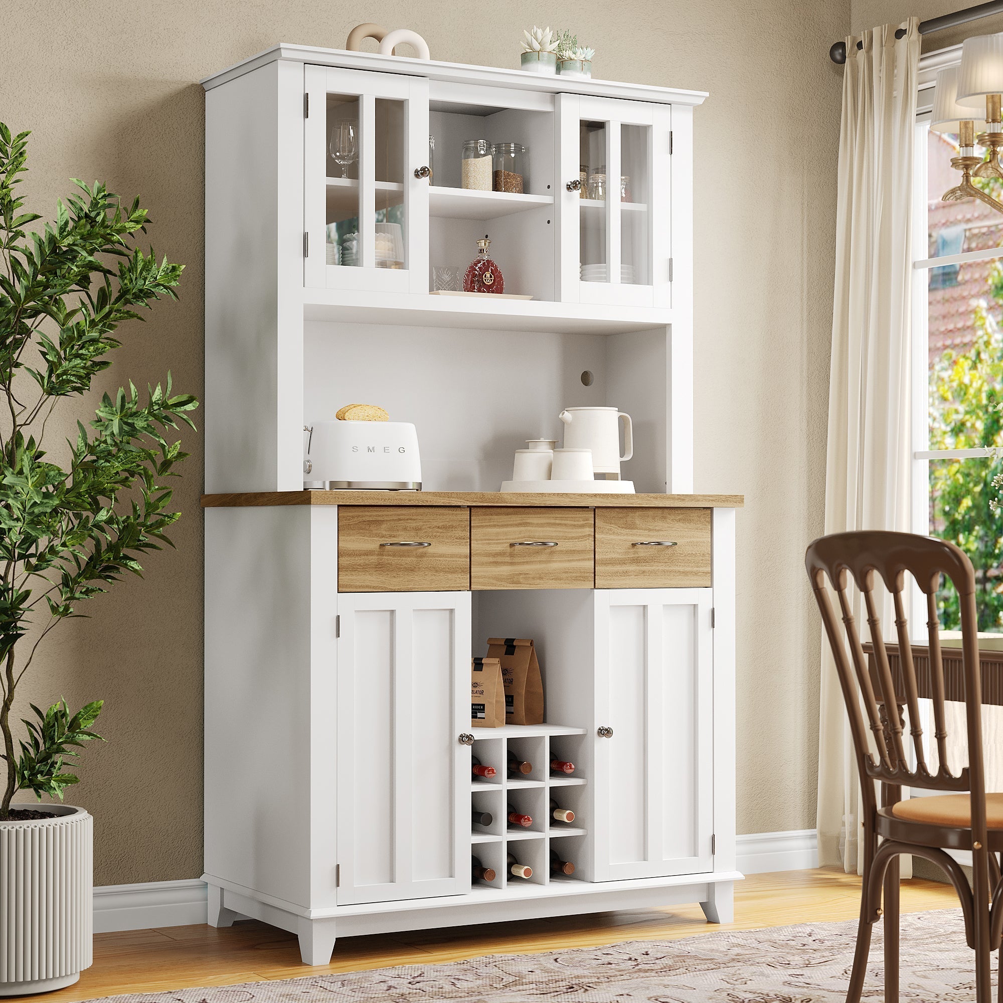 Tall Kitchen Buffet Display Cabinet Adjustable Shelves LED Lighting Wood-Colored Drawers