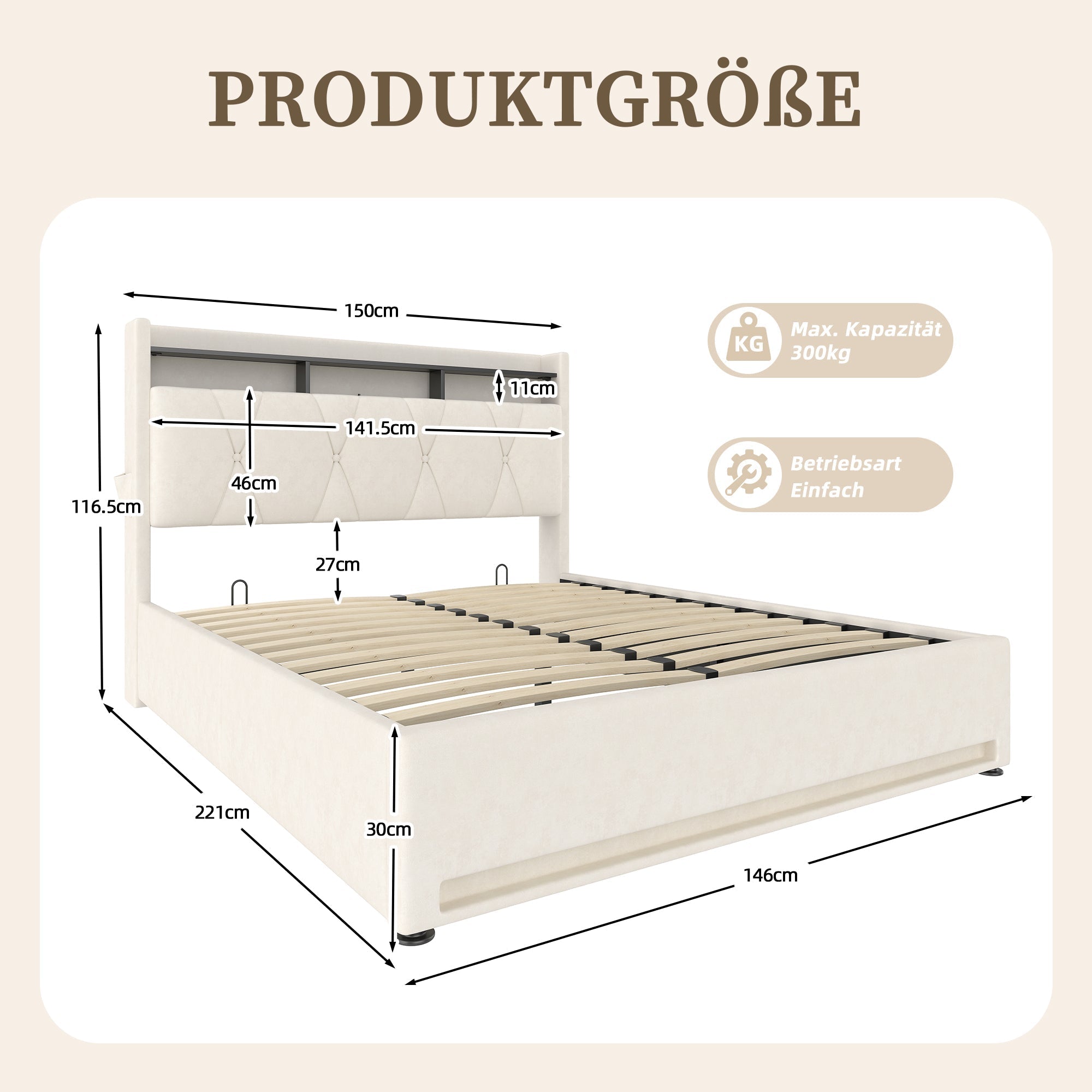 Upholstered Bed Frame 140x200 LED USB Hydraulic Storage Headboard, Beige