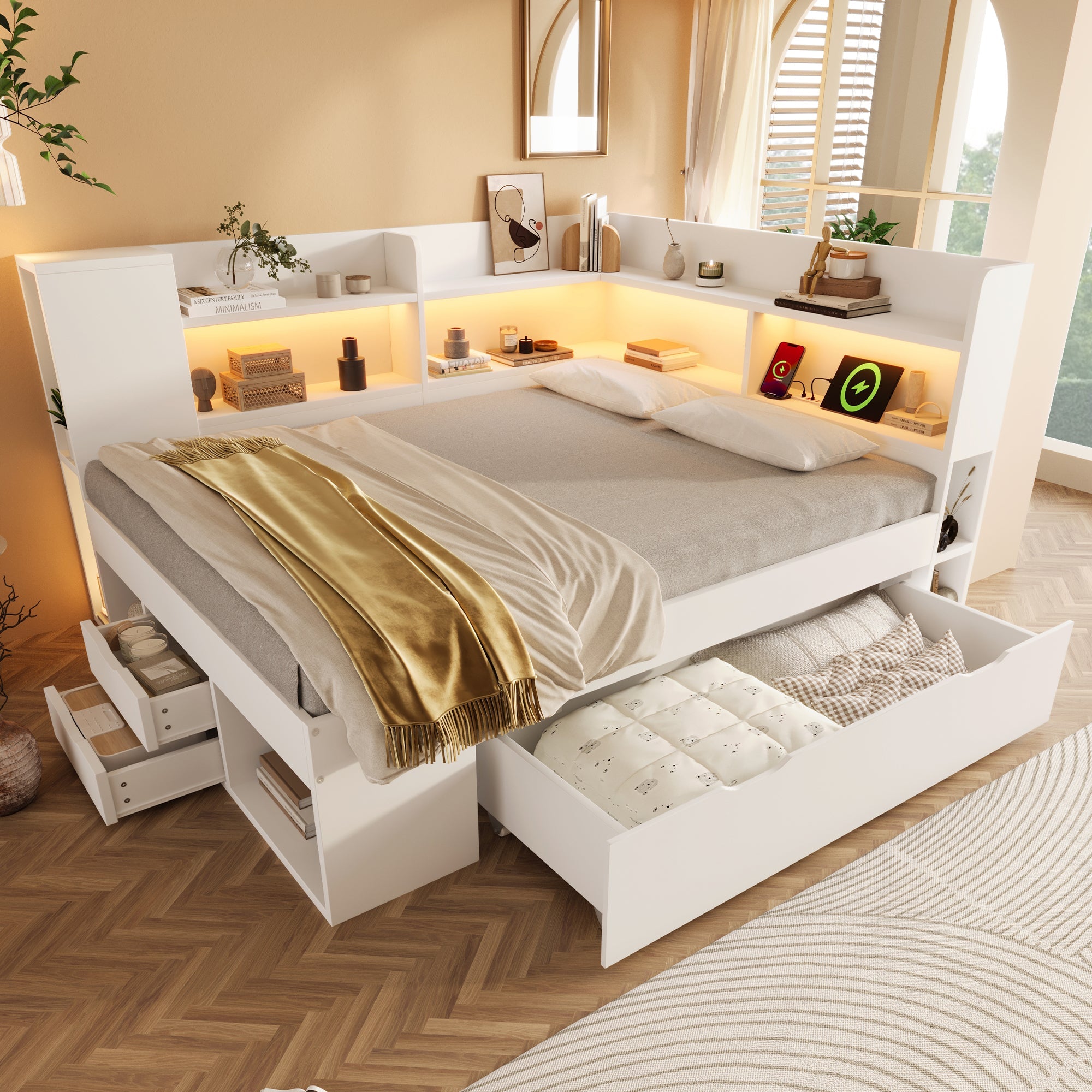Daybed with LED, Charging Station and Storage, 140x200cm, White Wood-based Material