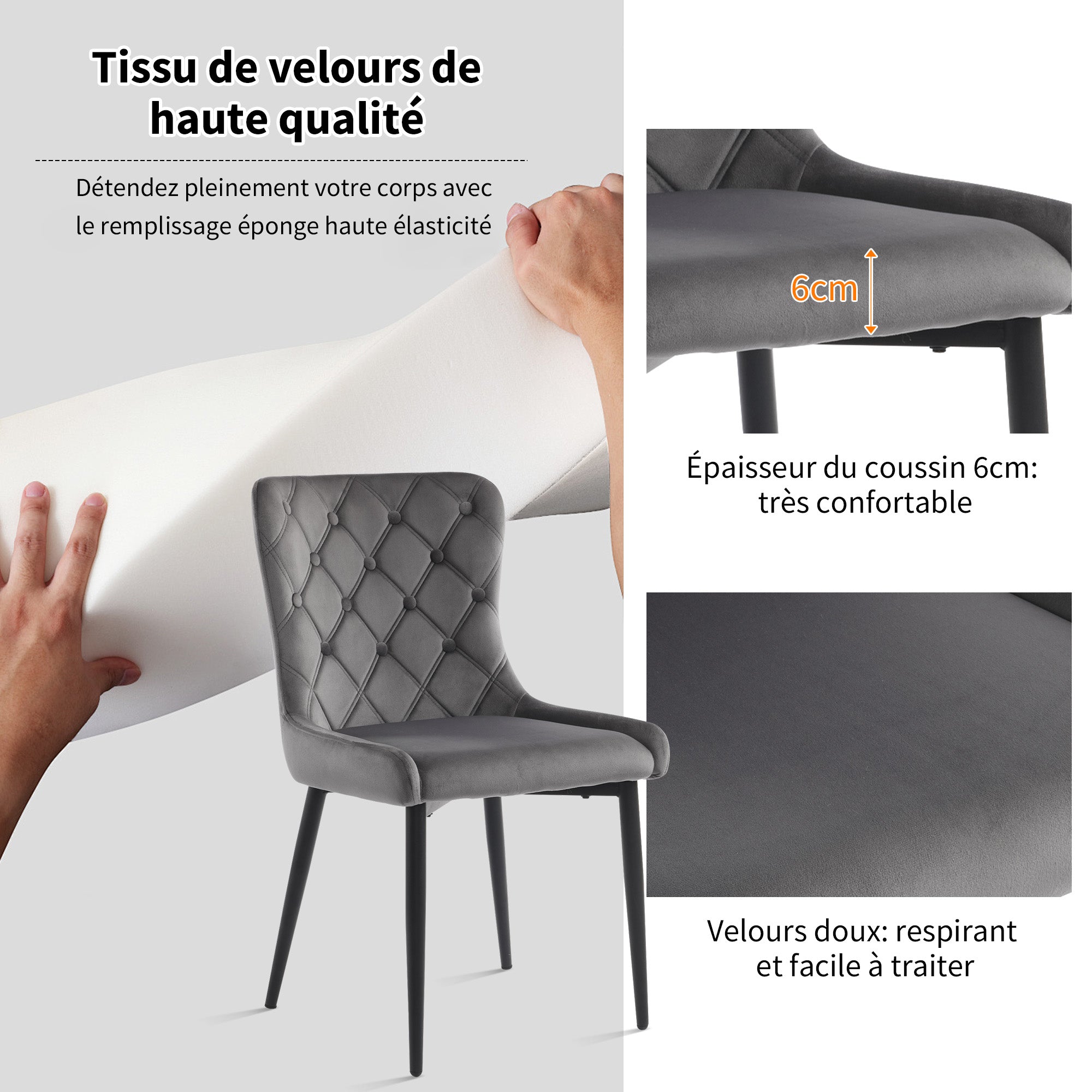 Dining Chairs with Backrest (Set of 2), Velvet Upholstered, Metal, Ergonomic, Dark Gray