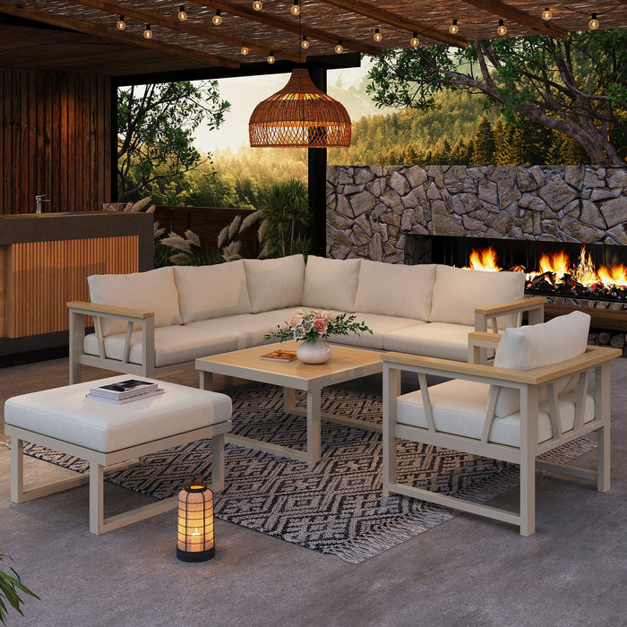 Corner Garden Furniture Set with Coffee Table, Seats 7, Khaki and Beige