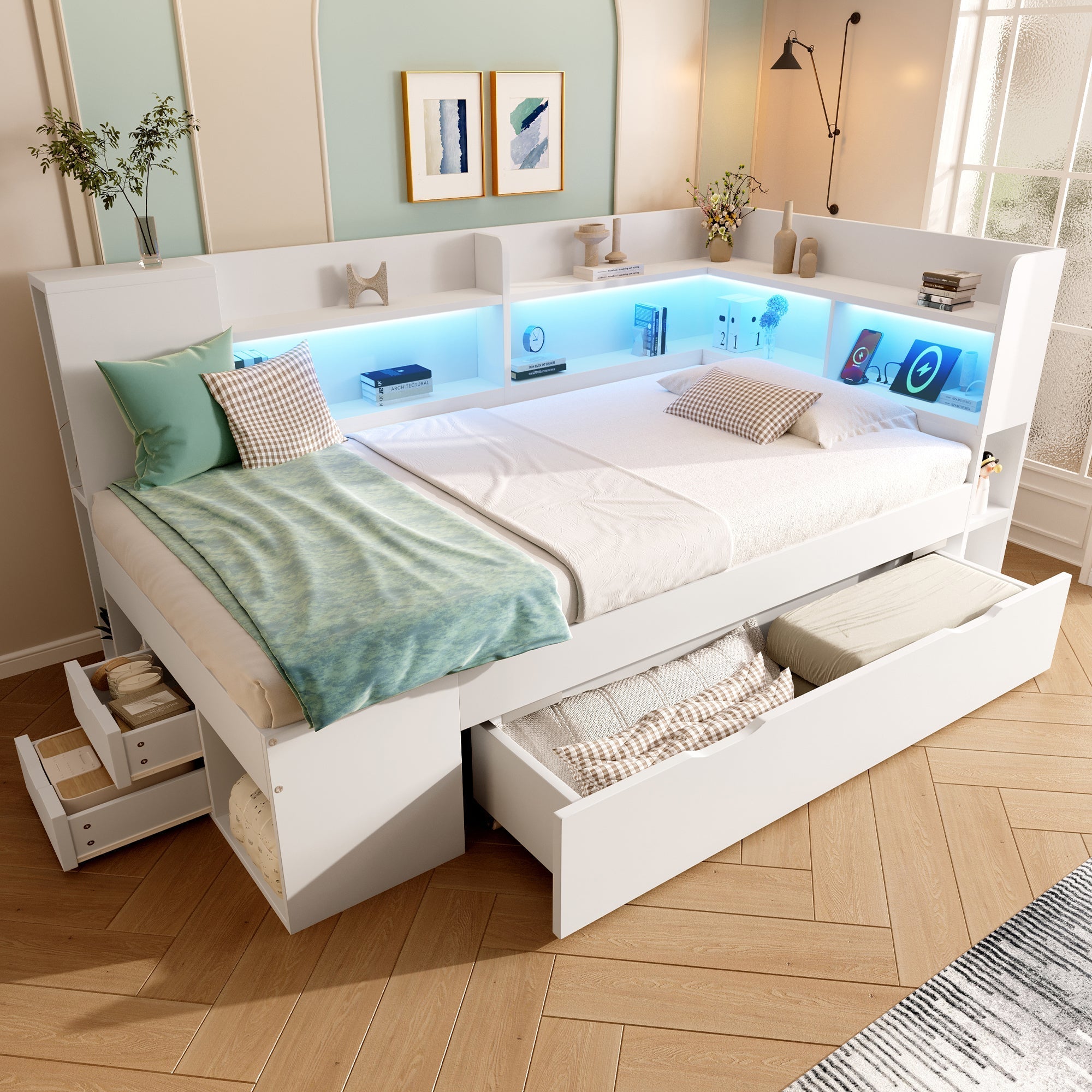Daybed 90x190cm Functional Bed with LED, USB/Type-C Charging, Storage Shelves & Drawers - White Wood
