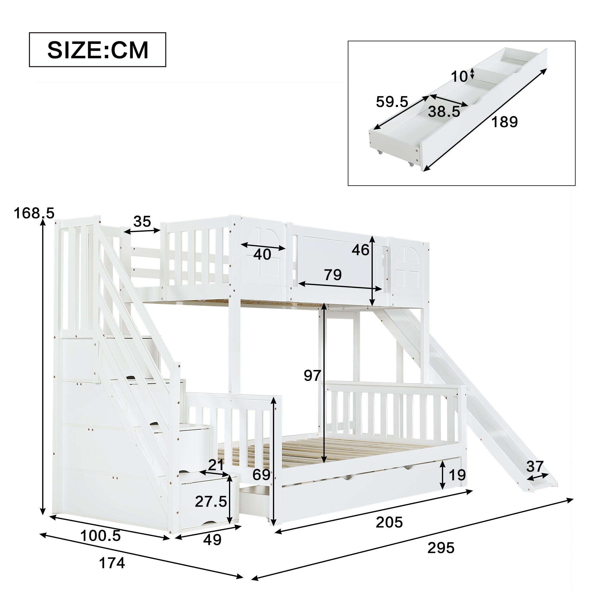 Bunk Bed, Children's with Slide, Drawers, Stairs & Lockers, Pine+MDF White