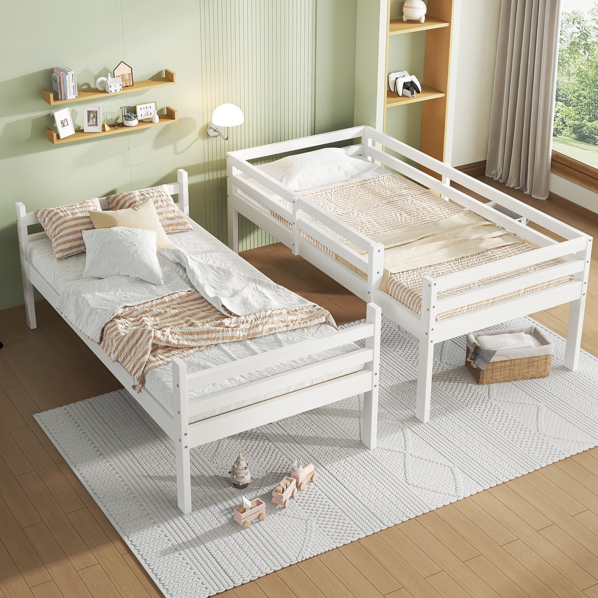 Bunk Bed Children's Shoe Racks Lockers Divisible 2 Single Beds, White 90x200cm