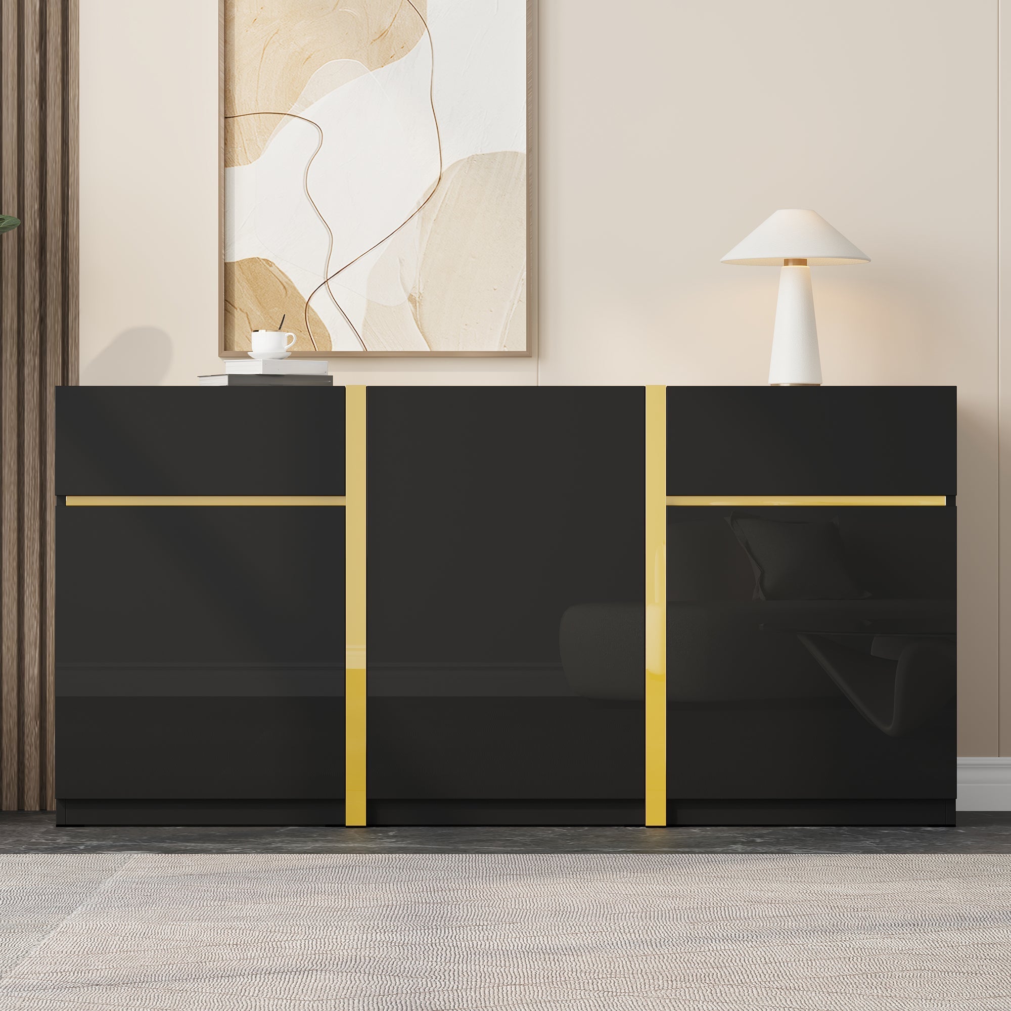 Luxurious Sideboard with 3 Doors and 2 Drawers, High-Gloss Lacquer Finish