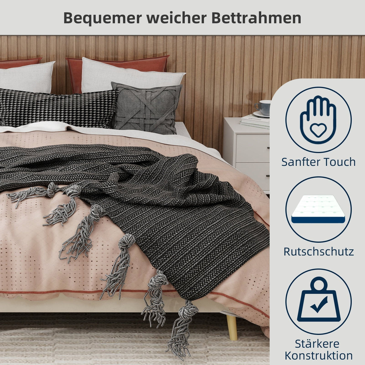Modern Minimalist Bed Frame 160x200 Low-Profile - Dutch Velvet Beige