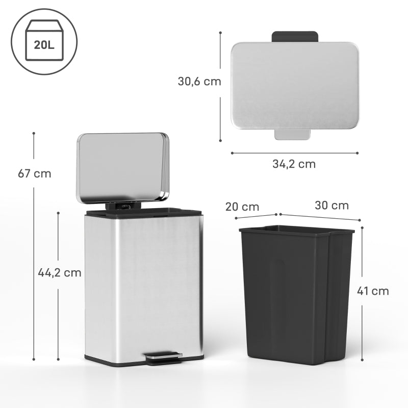 Pedal Bin 20L Soft-Close Lid Removable Inner Bucket - Silver