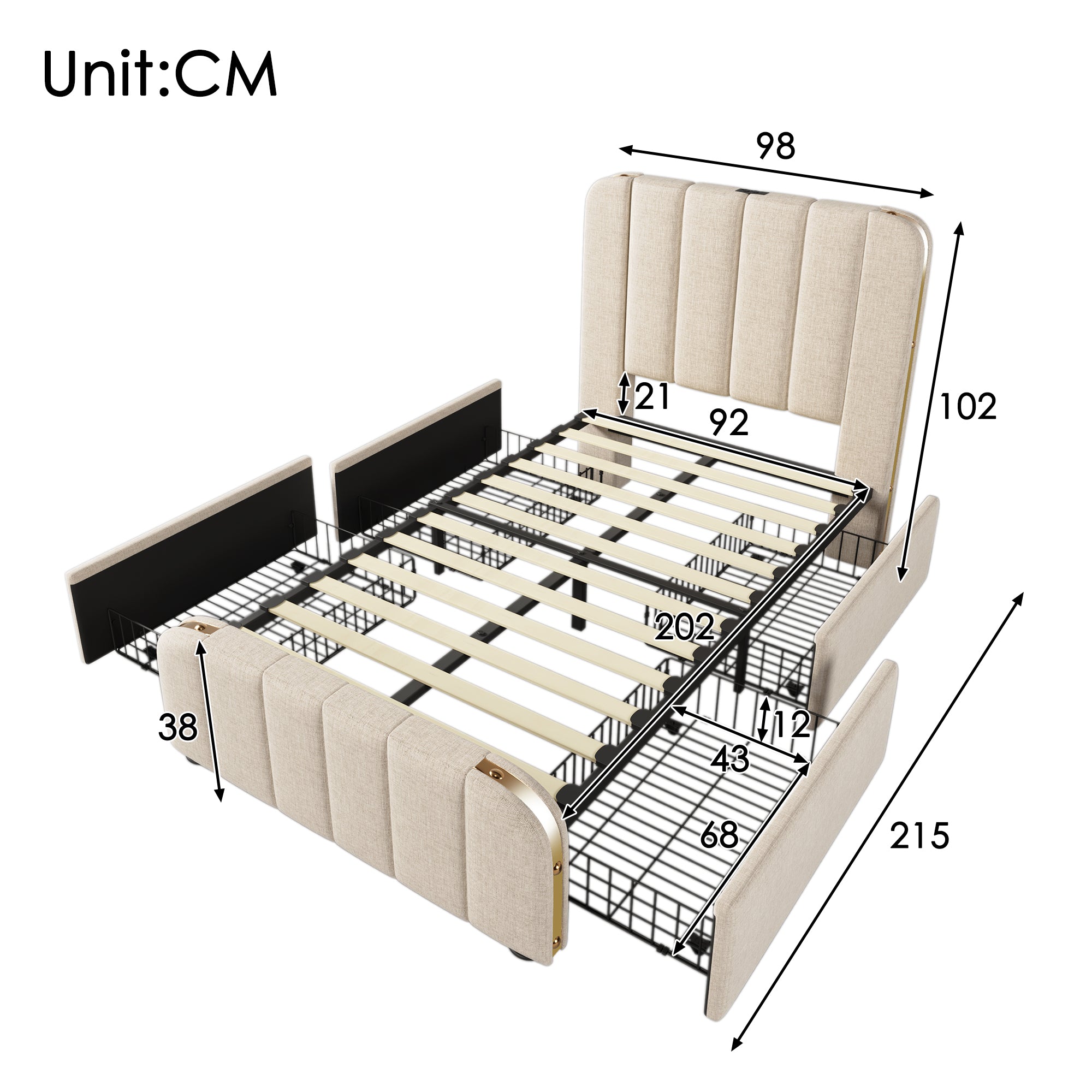 Upholstered Single Bed, Headboard with USB-C Charging, 4 Drawers, Beige Linen
