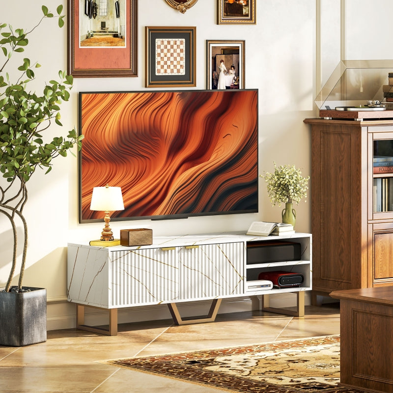Marble Effect TV Unit Stand for 70" TVs, Fluted Door Storage, White