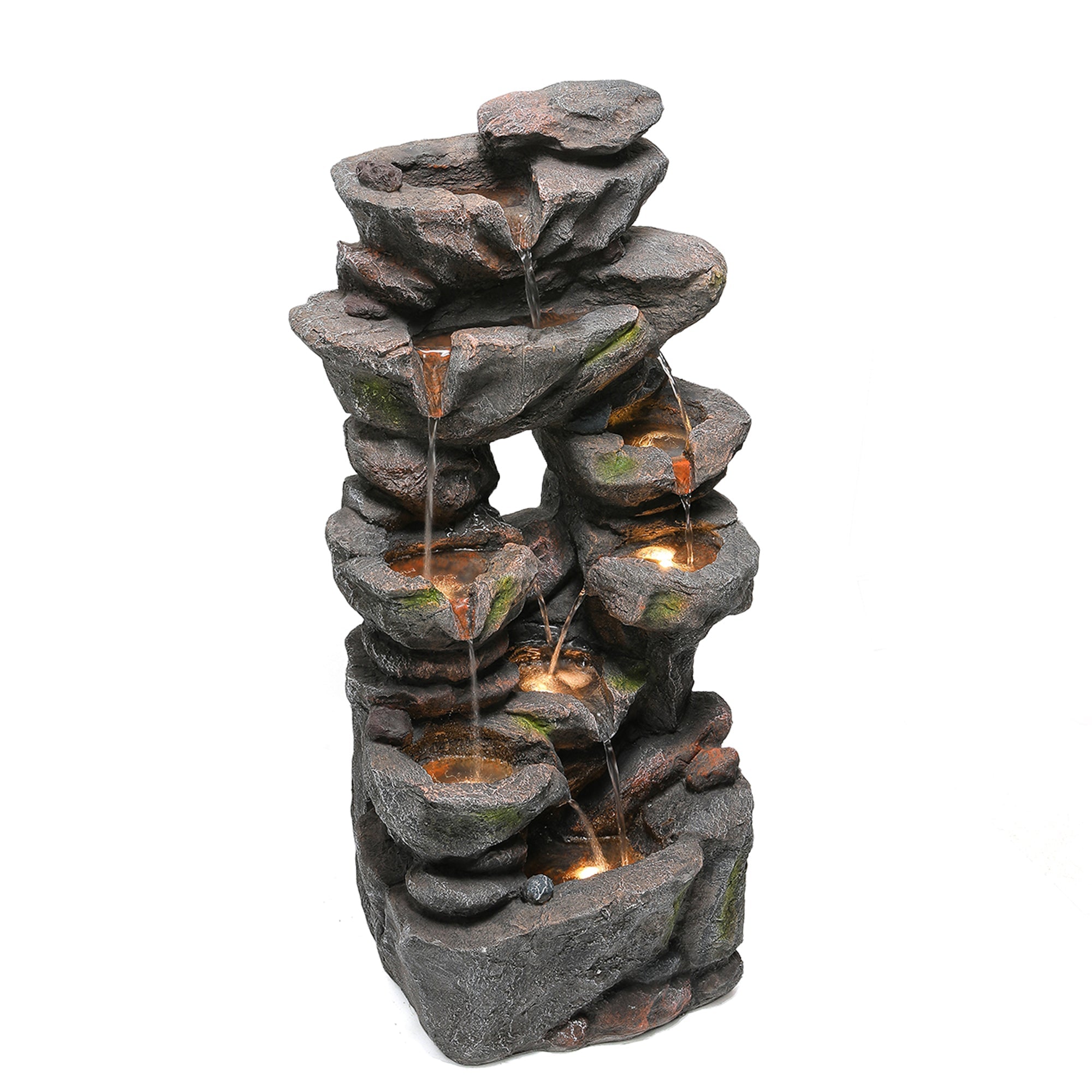 Garden Fountain with LED Lighting, Water Pump and Decorative Basin, Artificial Stone Grey
