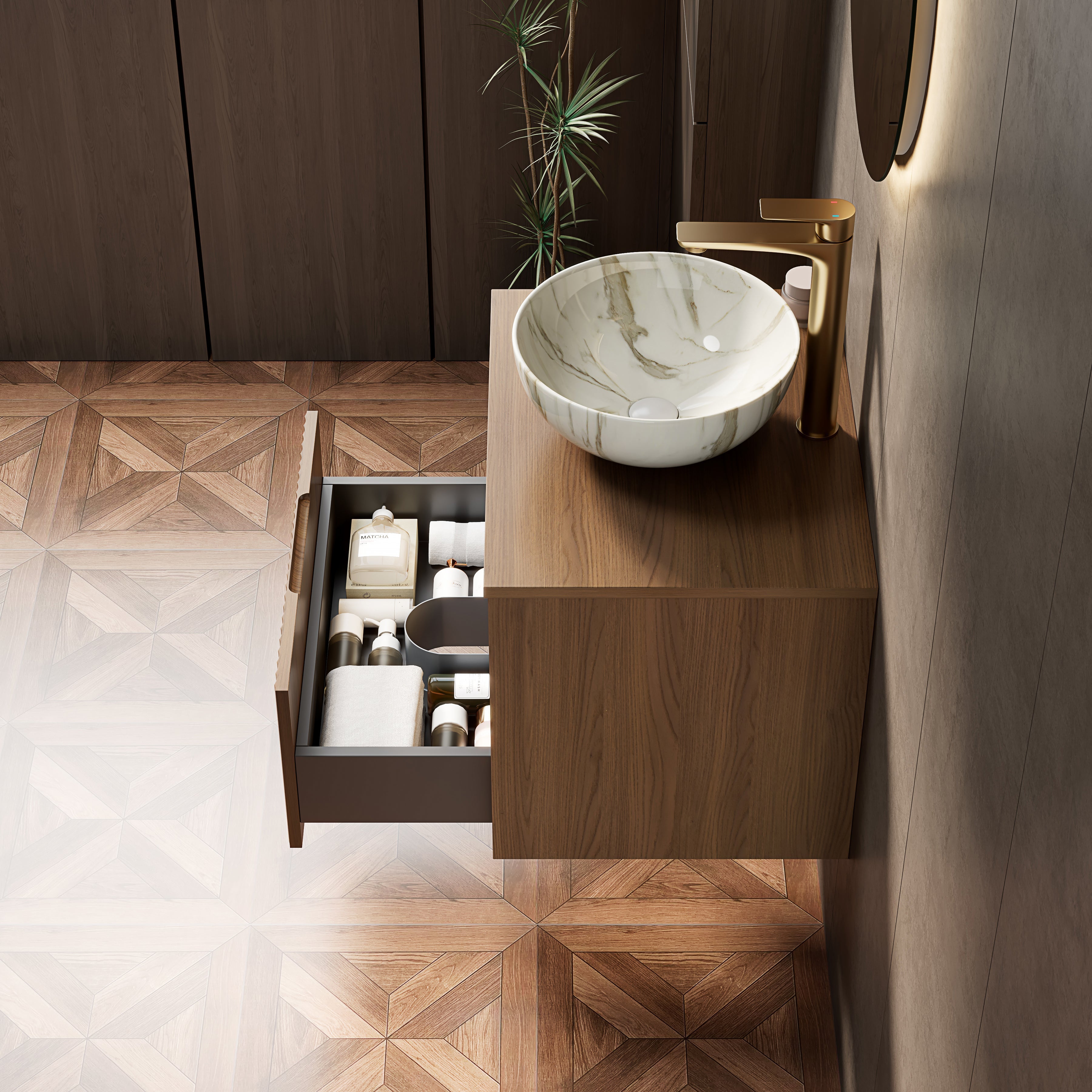 Floating Bathroom Sink with 60cm Ceramic Bowl and Sensor Light, Espresso Wood Grain