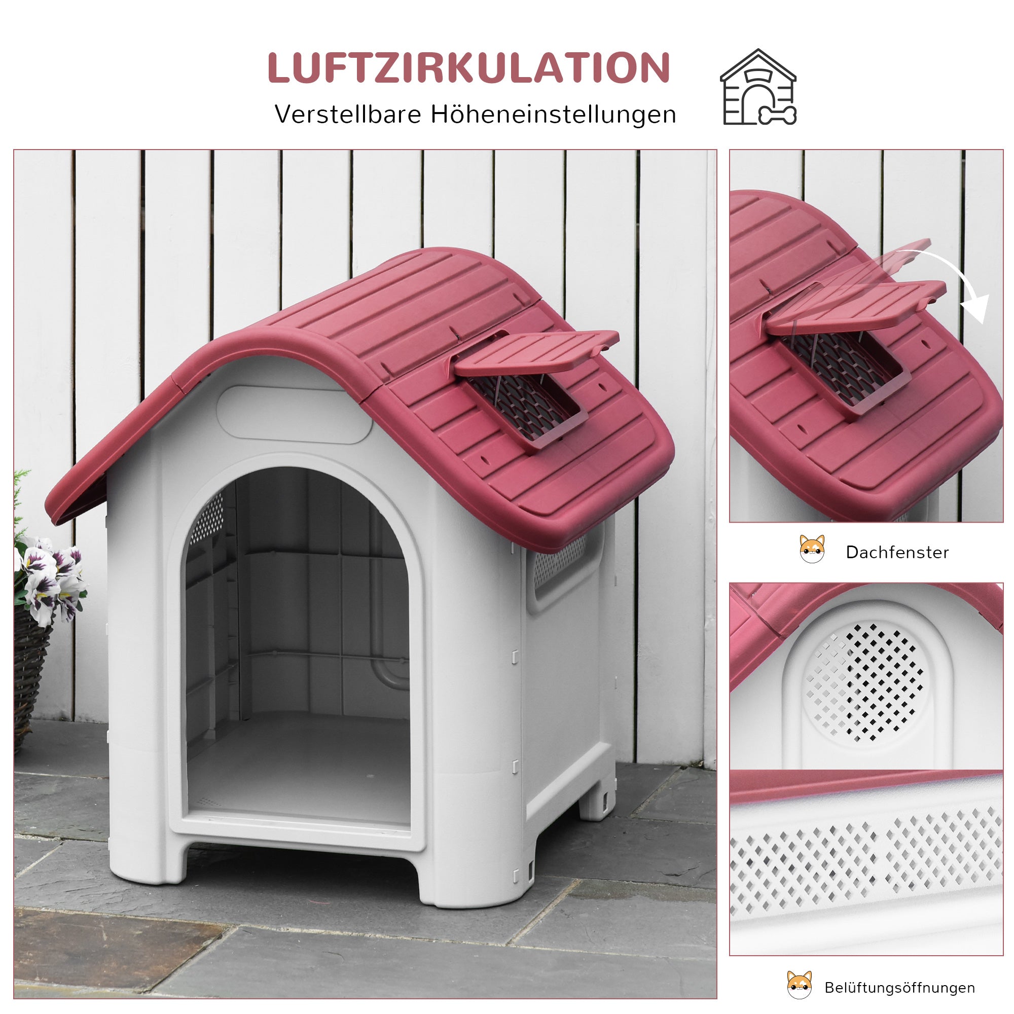 Hundeaußenzwinger mit Dachluke, Tor, Luftzirkulation, Rot