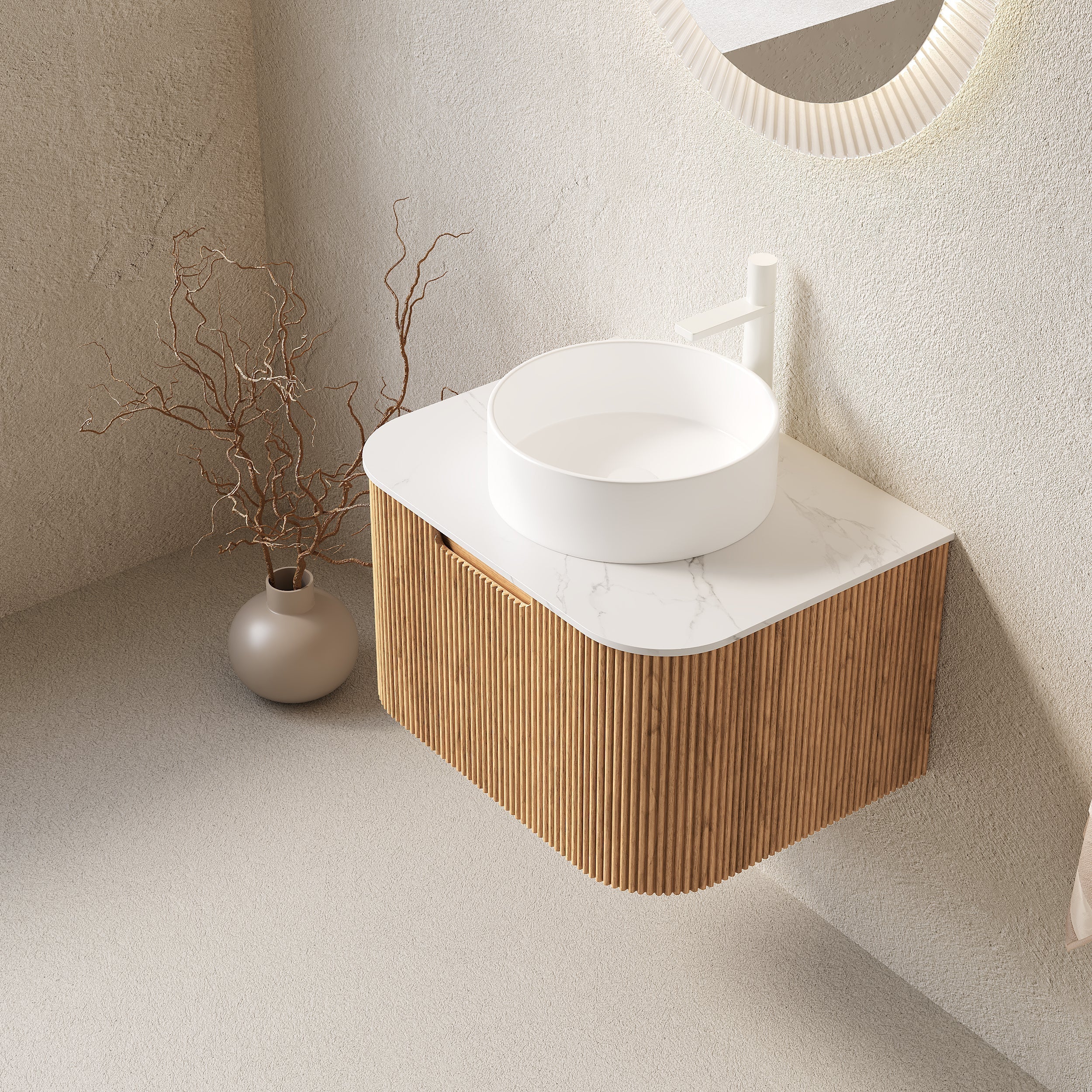 Wall-Hung Bathroom Vanity 61cm Ceramic Sink Carrara Countertop Drawer - Natural Wood Grain