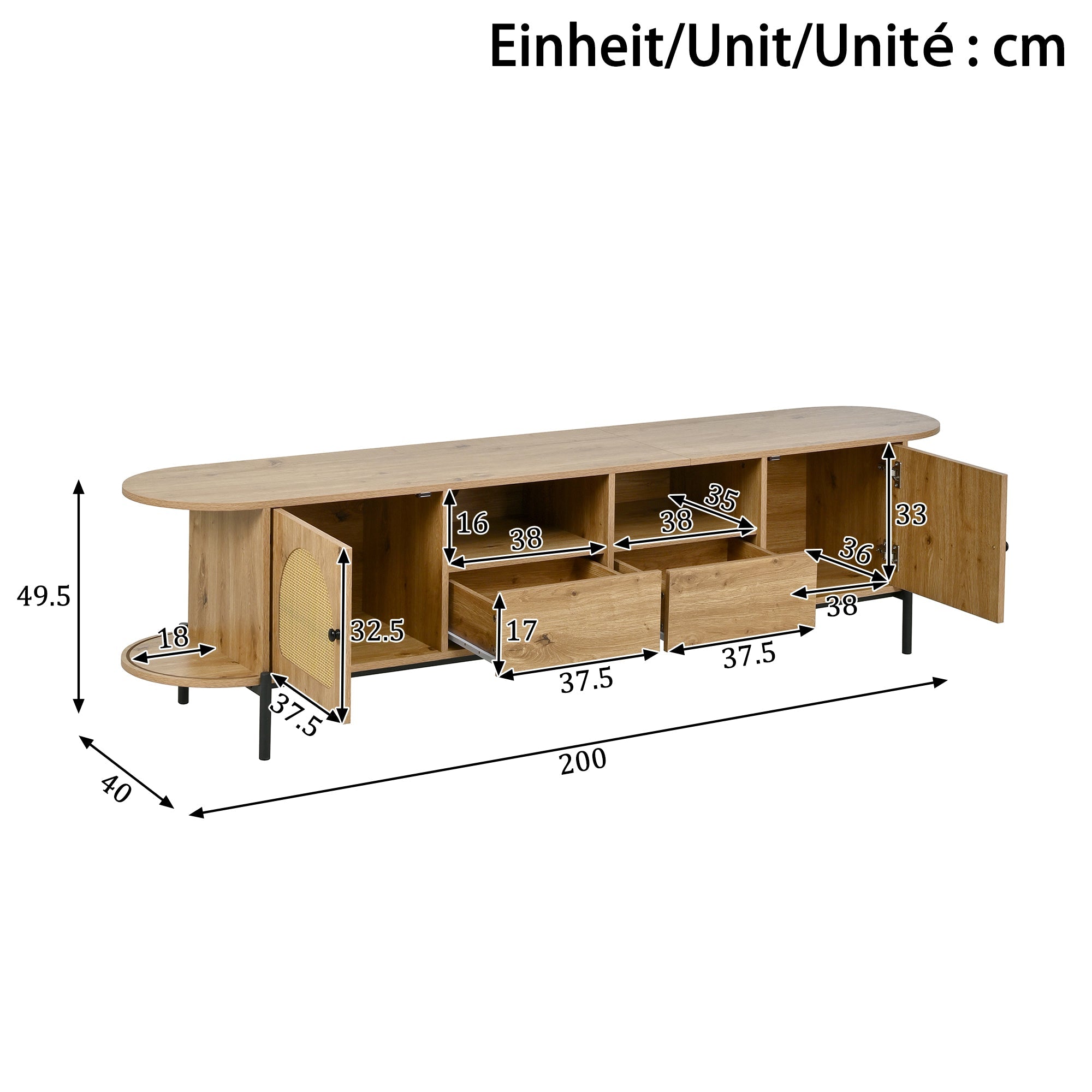 Oval TV Cabinet with Sliding Doors and Drawers, Wood Look and Rattan